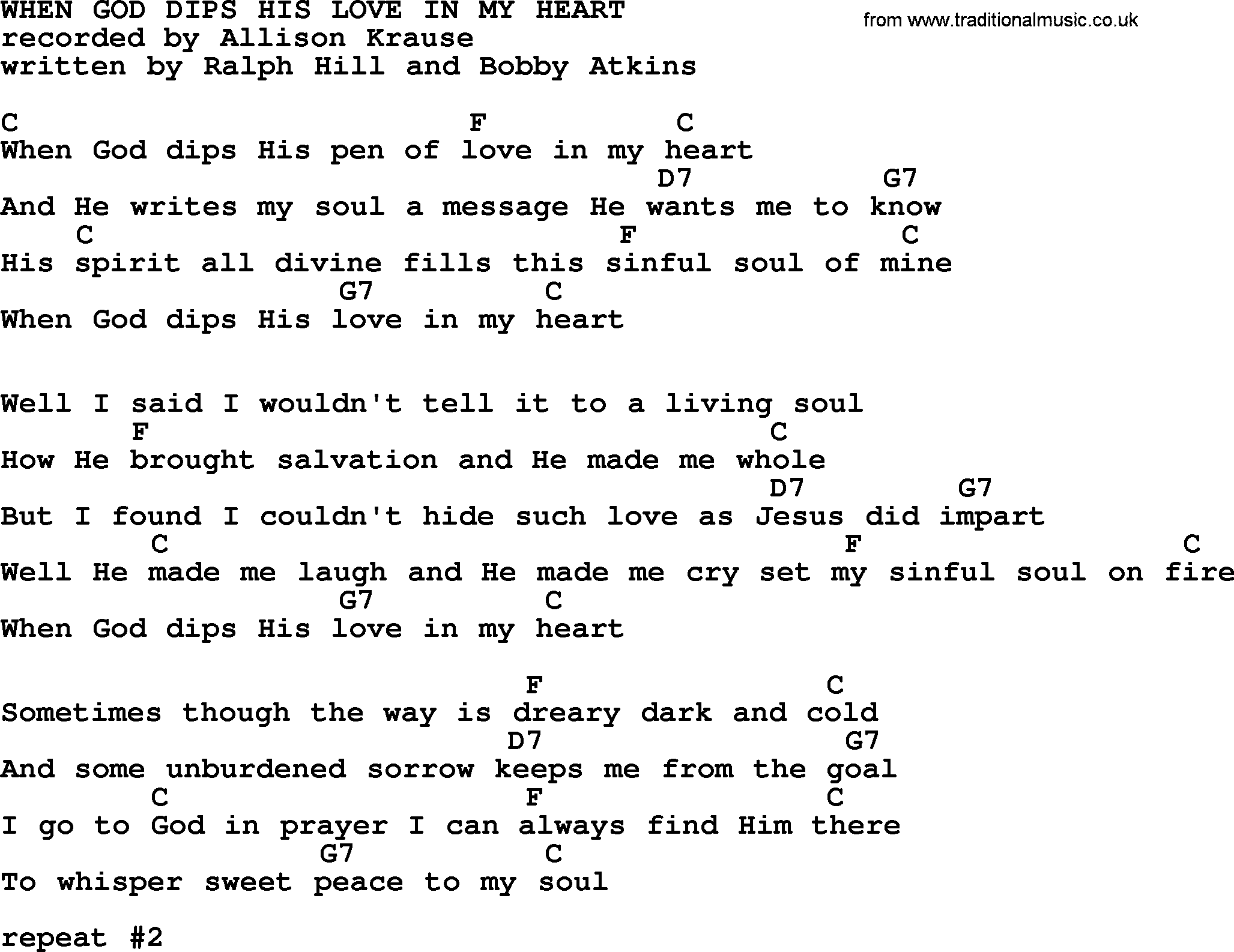 Hank Williams song When God Dips His Love In My Heart, lyrics and chords