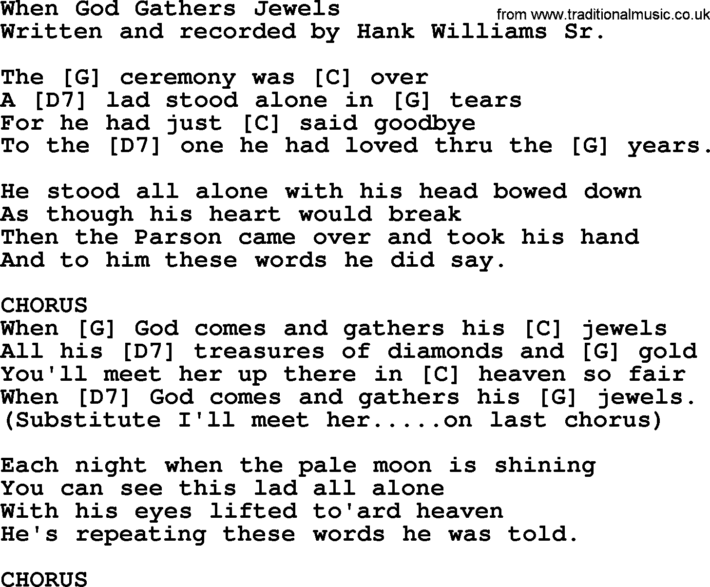 Hank Williams song When God Gathers Jewels, lyrics and chords