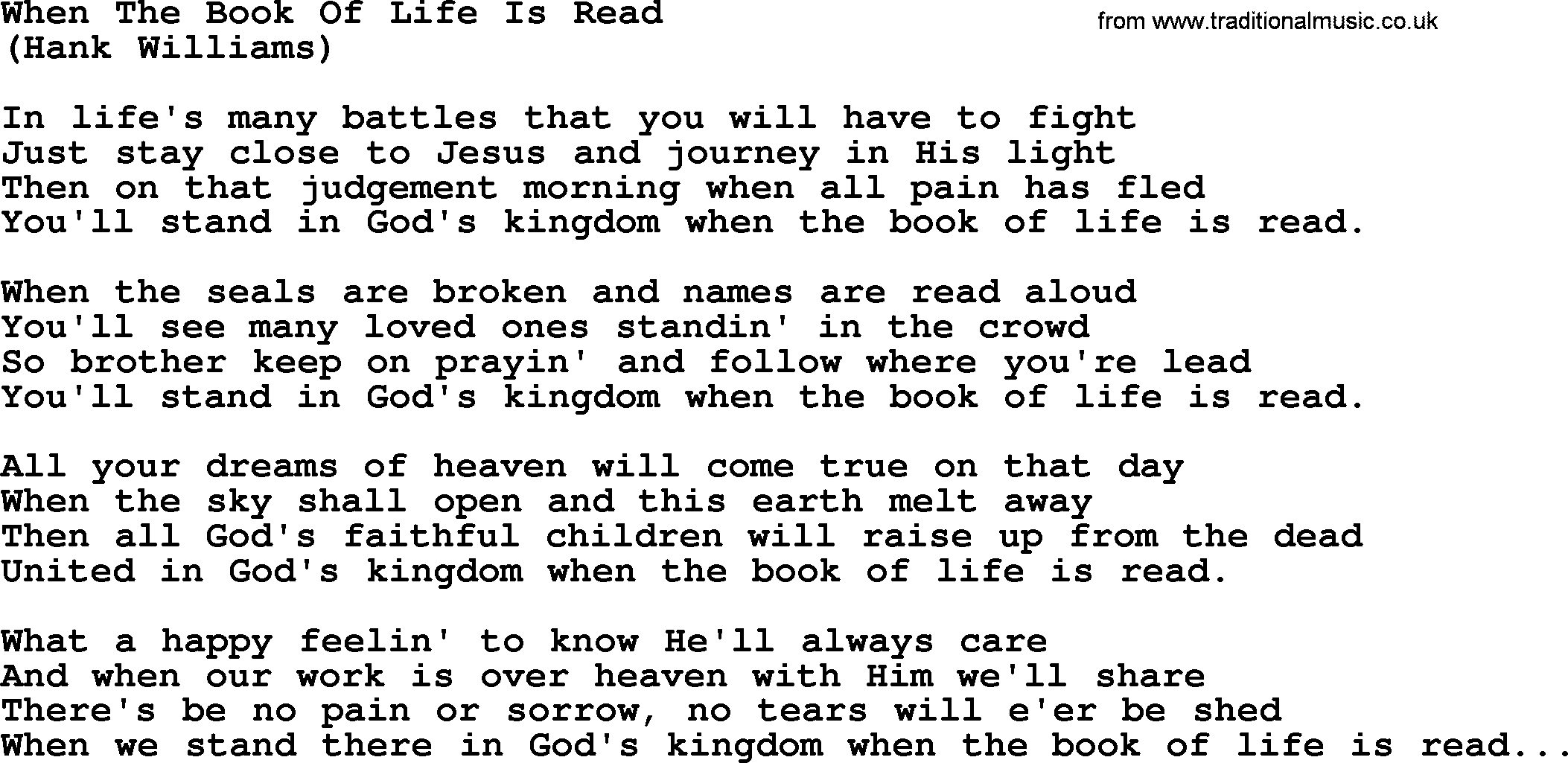 Hank Williams song When The Book Of Life Is Read, lyrics