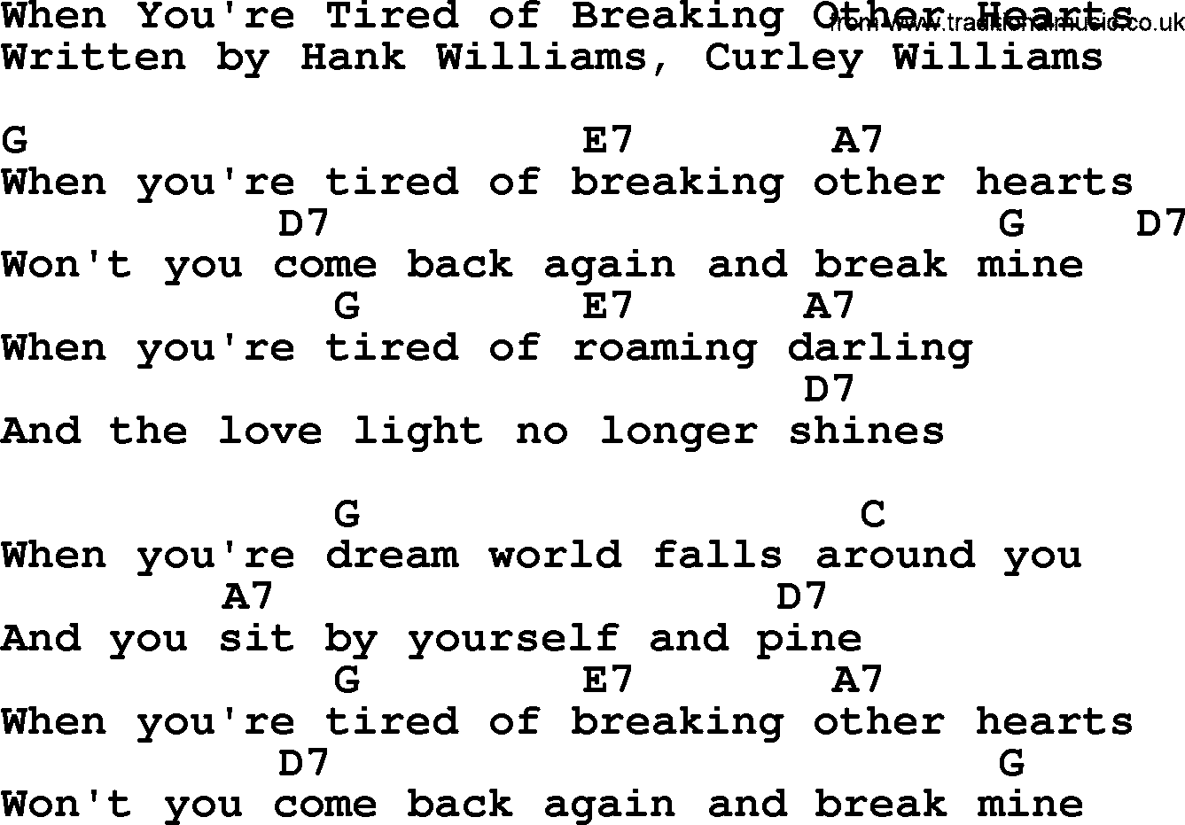 Hank Williams song When You're Tired Of Breaking Others Hearts, lyrics and chords