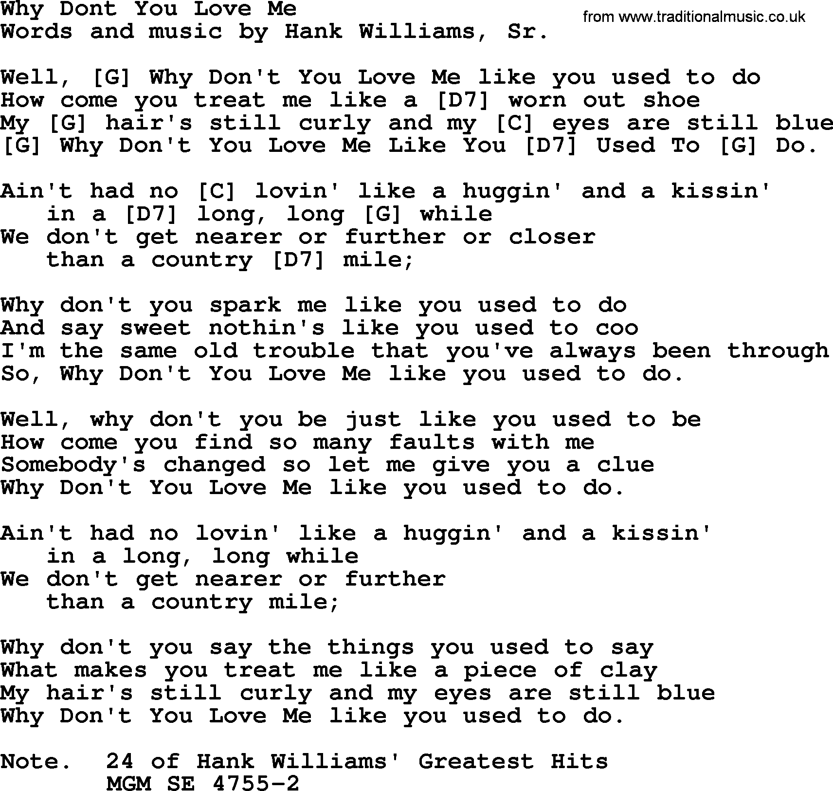 Hank Williams song Why Dont You Love Me, lyrics and chords
