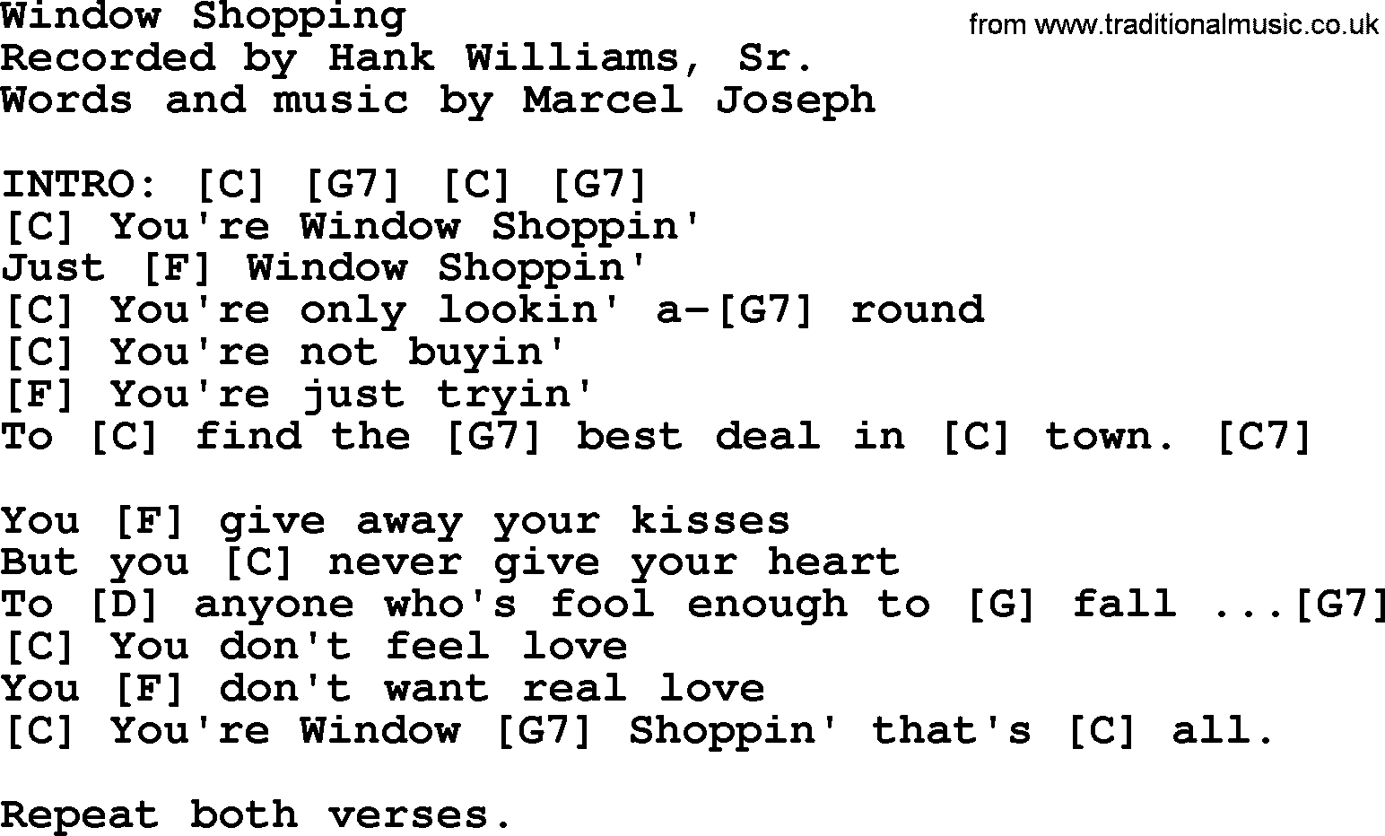 Hank Williams song Window Shopping, lyrics and chords
