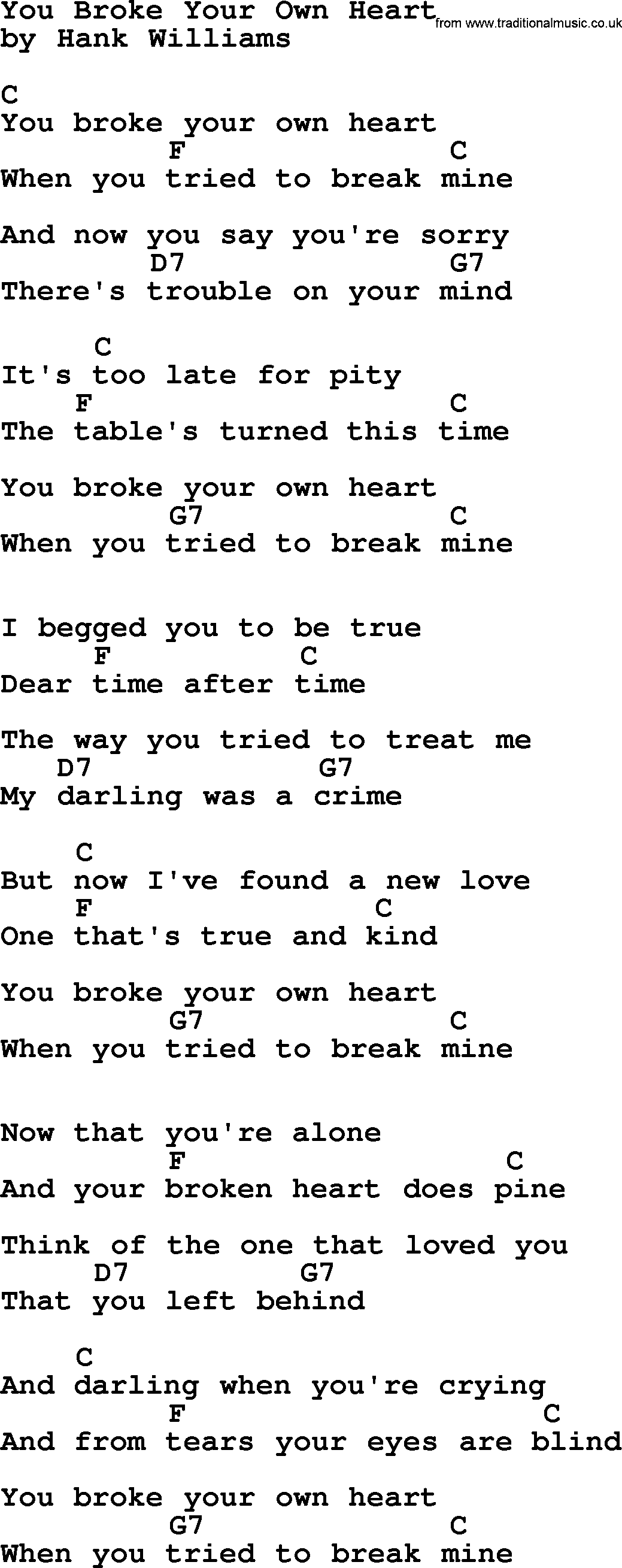 Hank Williams song You Broke Your Own Heart, lyrics and chords