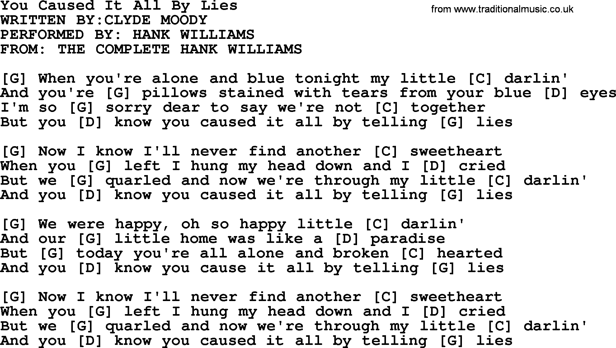 Hank Williams song You Caused It All By Lies, lyrics and chords