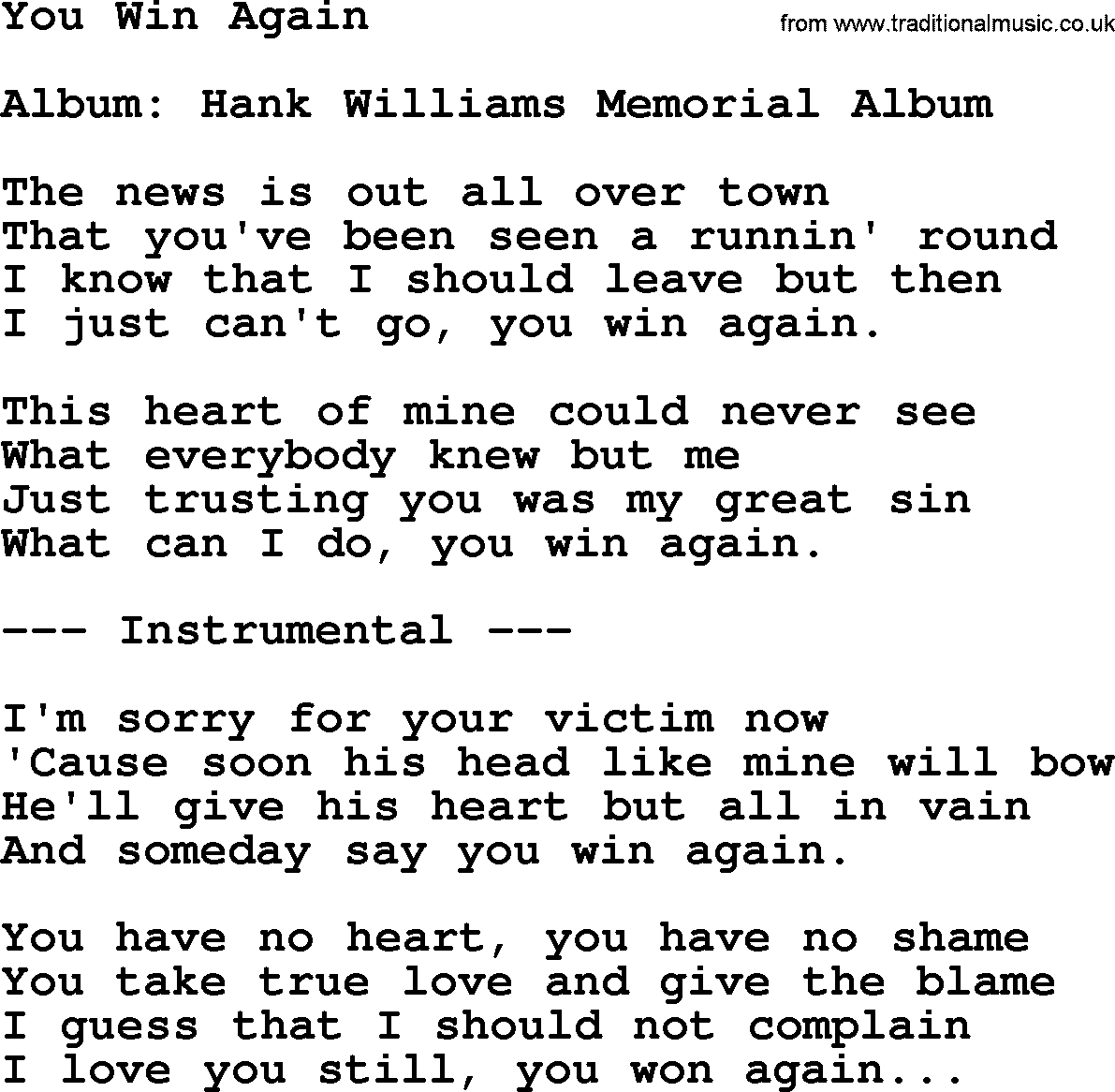 Hank Williams song You Win Again, lyrics