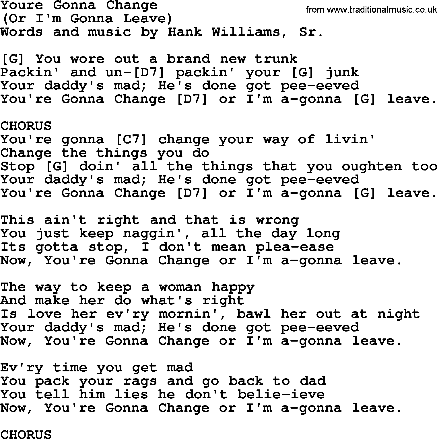 Hank Williams song Youre Gonna Change, lyrics and chords