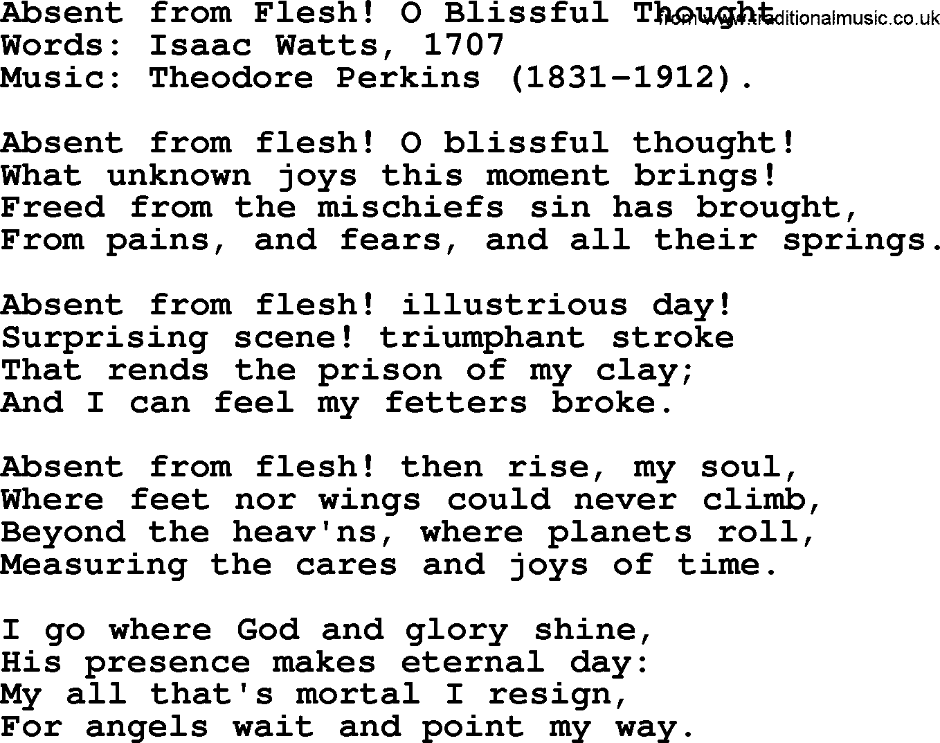 Songs and Hymns about Heaven: Absent From Flesh! O Blissful Thought lyrics with PDF