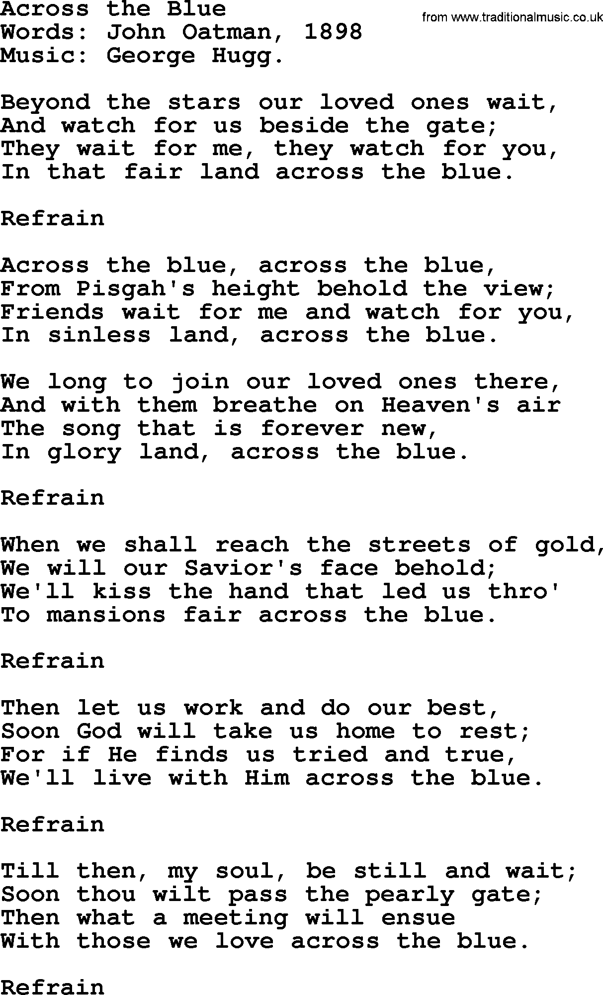 Songs and Hymns about Heaven: Across The Blue lyrics with PDF