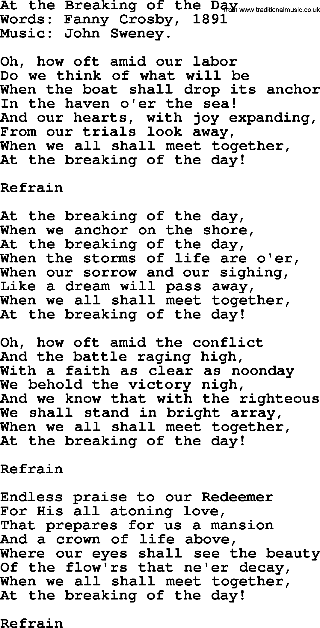 Songs and Hymns about Heaven: At The Breaking Of The Day lyrics with PDF