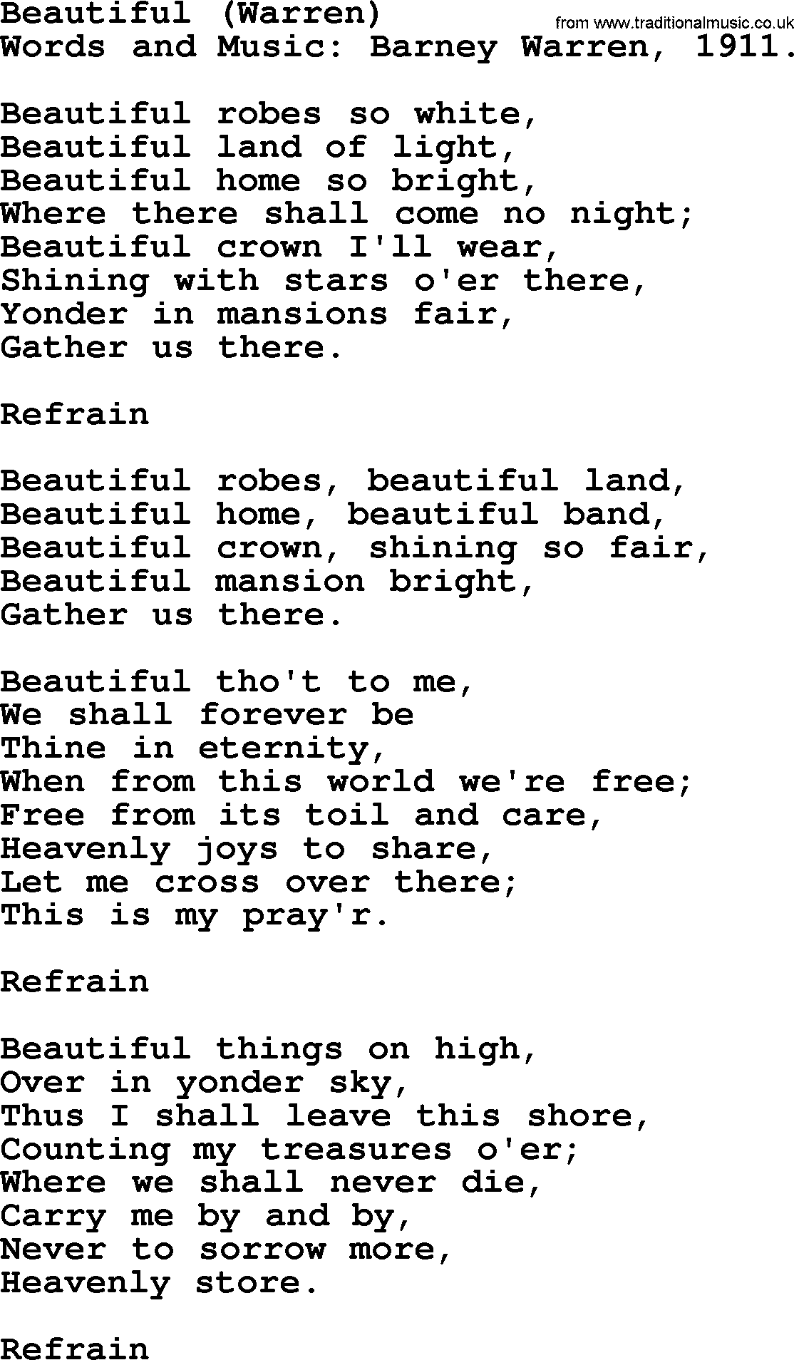 Songs and Hymns about Heaven: Beautiful (warren) lyrics with PDF