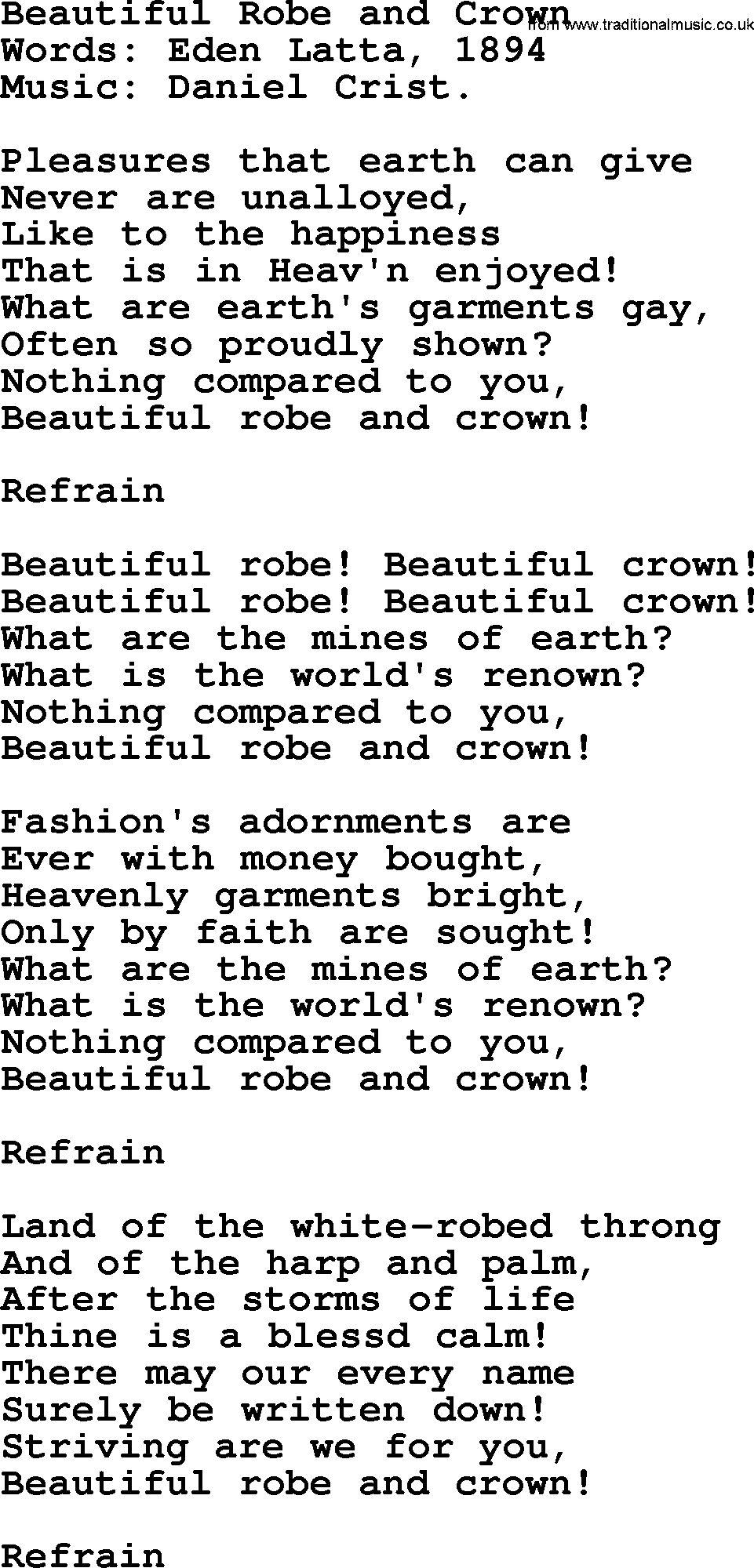Songs and Hymns about Heaven: Beautiful Robe And Crown lyrics with PDF