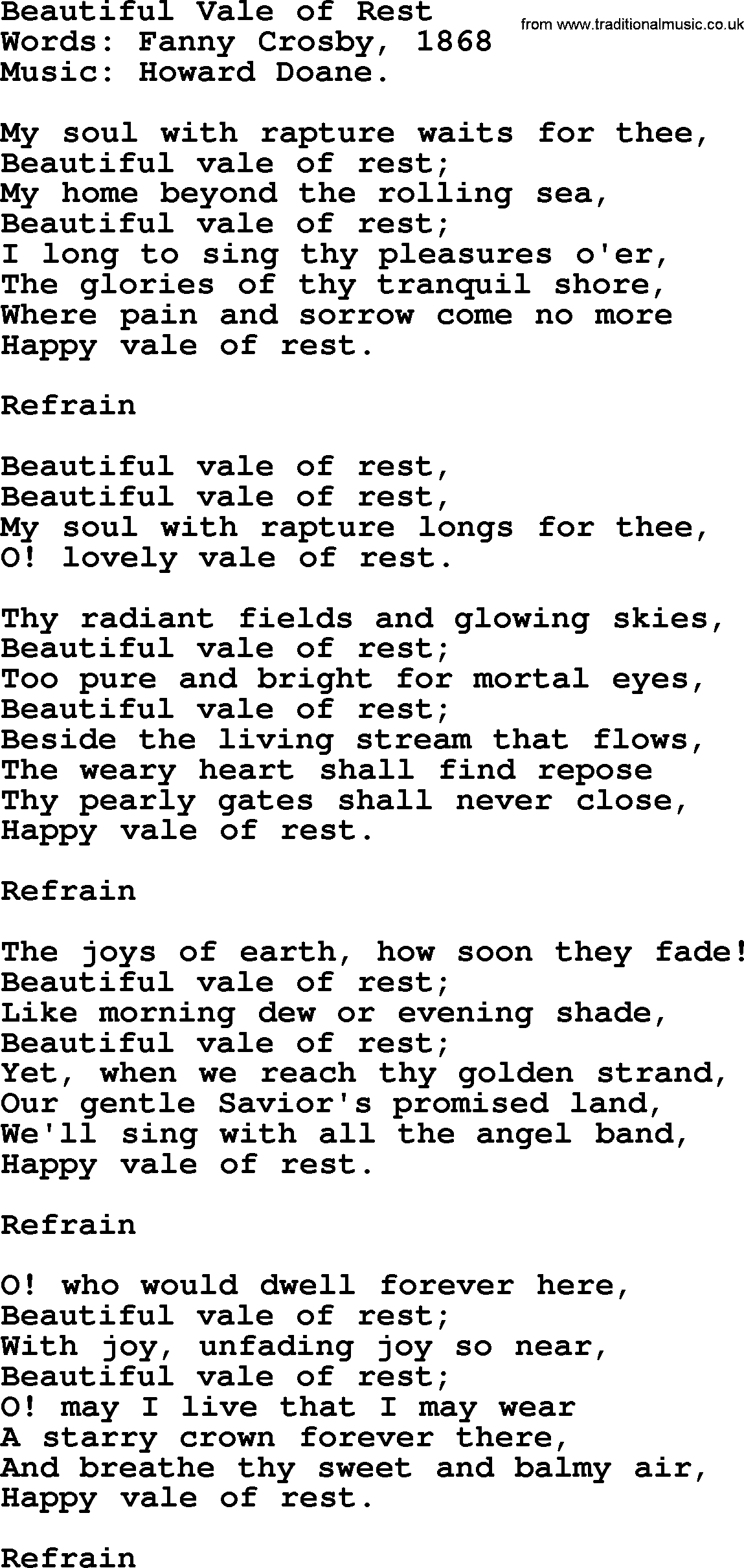 Songs and Hymns about Heaven: Beautiful Vale Of Rest lyrics with PDF