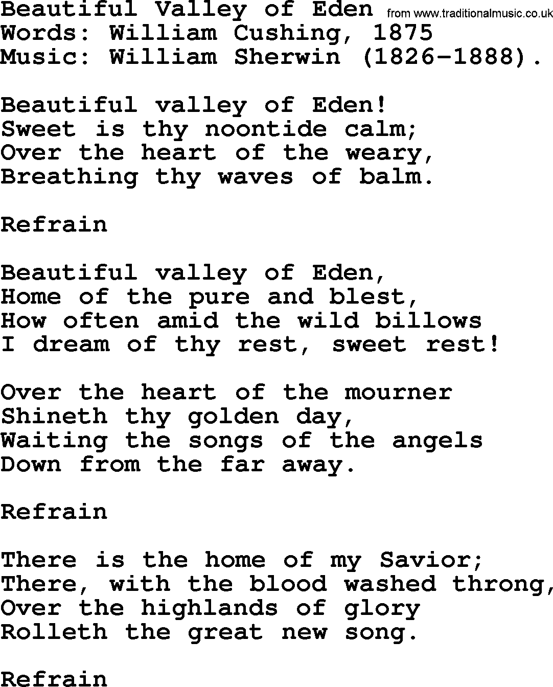 Songs and Hymns about Heaven: Beautiful Valley Of Eden lyrics with PDF
