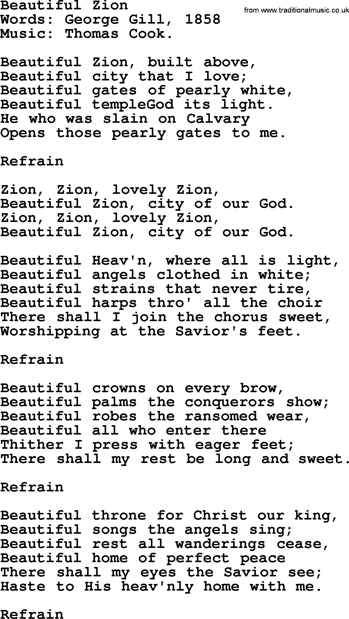 Songs and Hymns about Heaven: Beautiful Zion lyrics with PDF