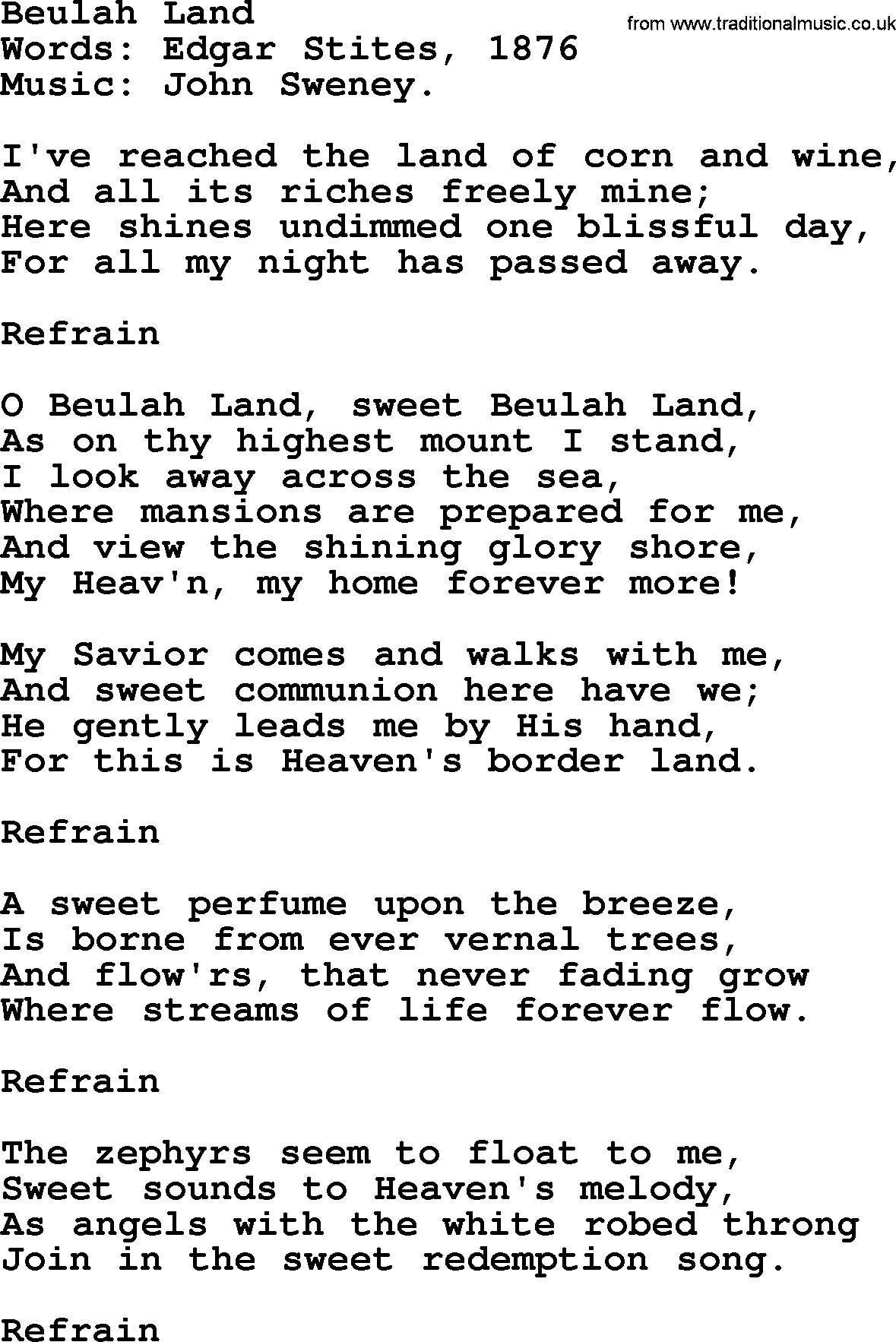 Songs and Hymns about Heaven: Beulah Land lyrics with PDF