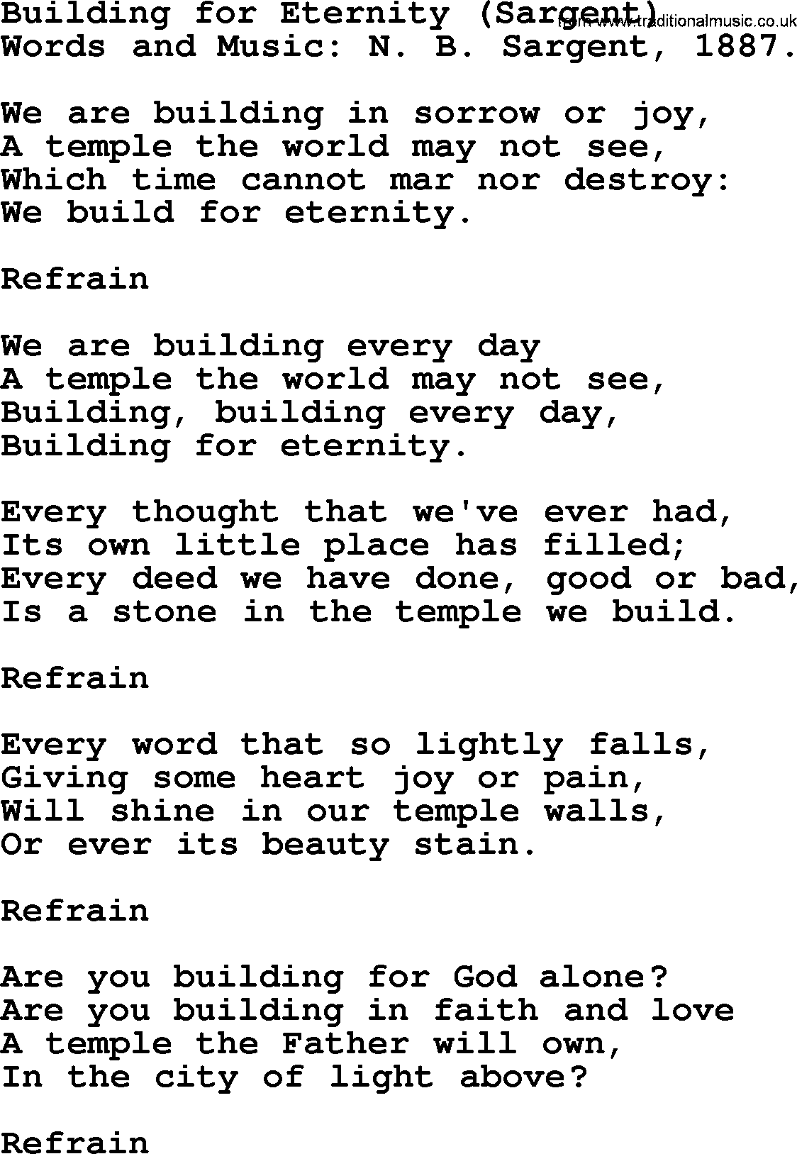 Songs and Hymns about Heaven: Building For Eternity (sargent) lyrics with PDF