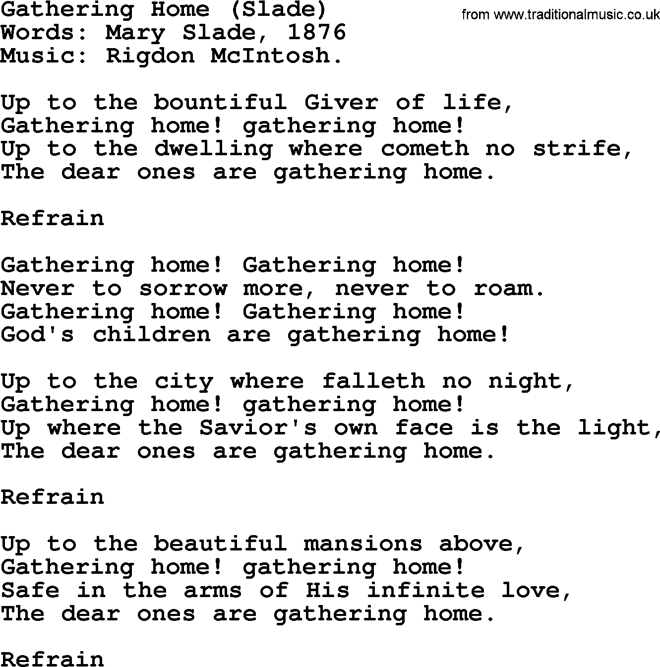 Songs and Hymns about Heaven: Gathering Home (slade) lyrics with PDF
