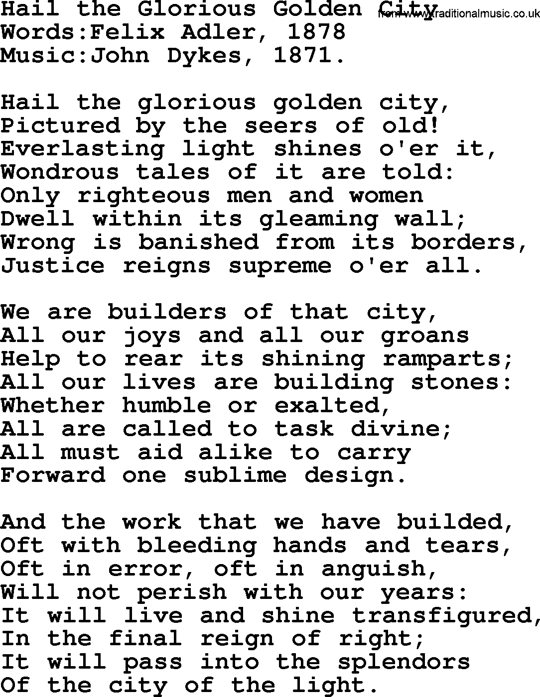 Songs and Hymns about Heaven: Hail The Glorious Golden City lyrics with PDF