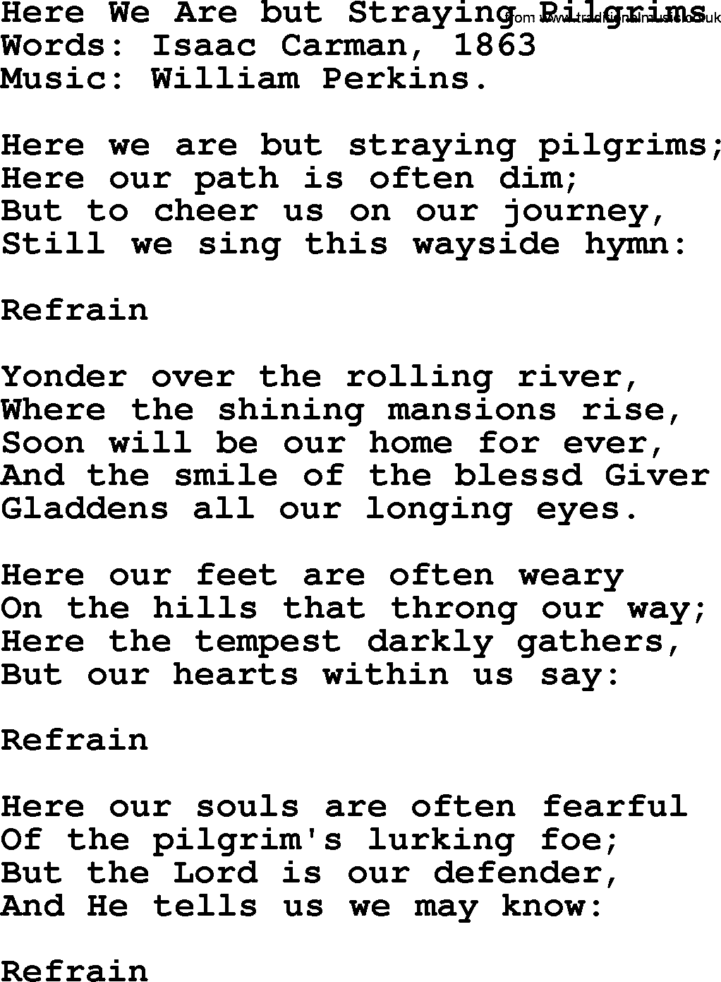 Songs and Hymns about Heaven: Here We Are But Straying Pilgrims lyrics with PDF
