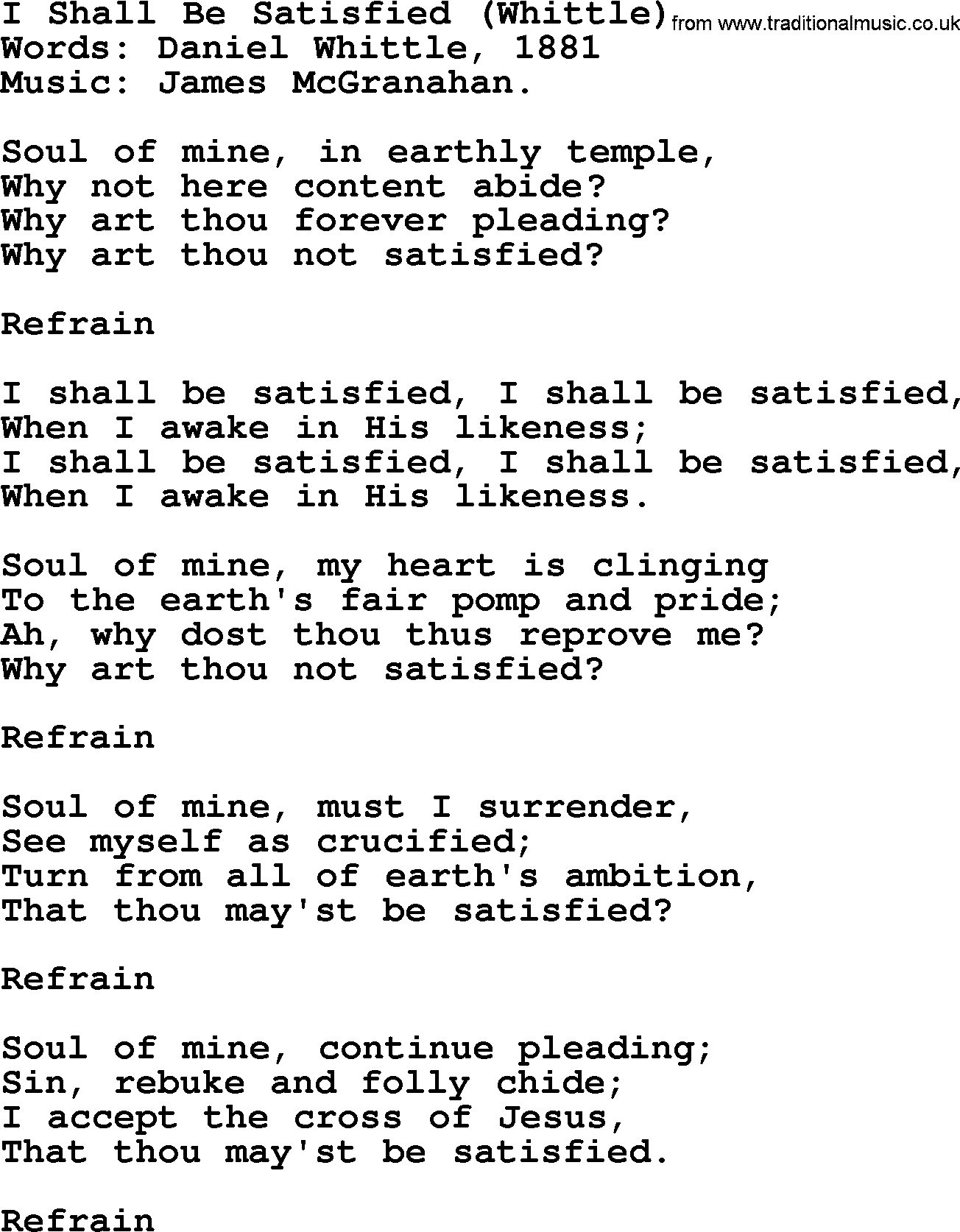 Songs and Hymns about Heaven: I Shall Be Satisfied (whittle) lyrics with PDF