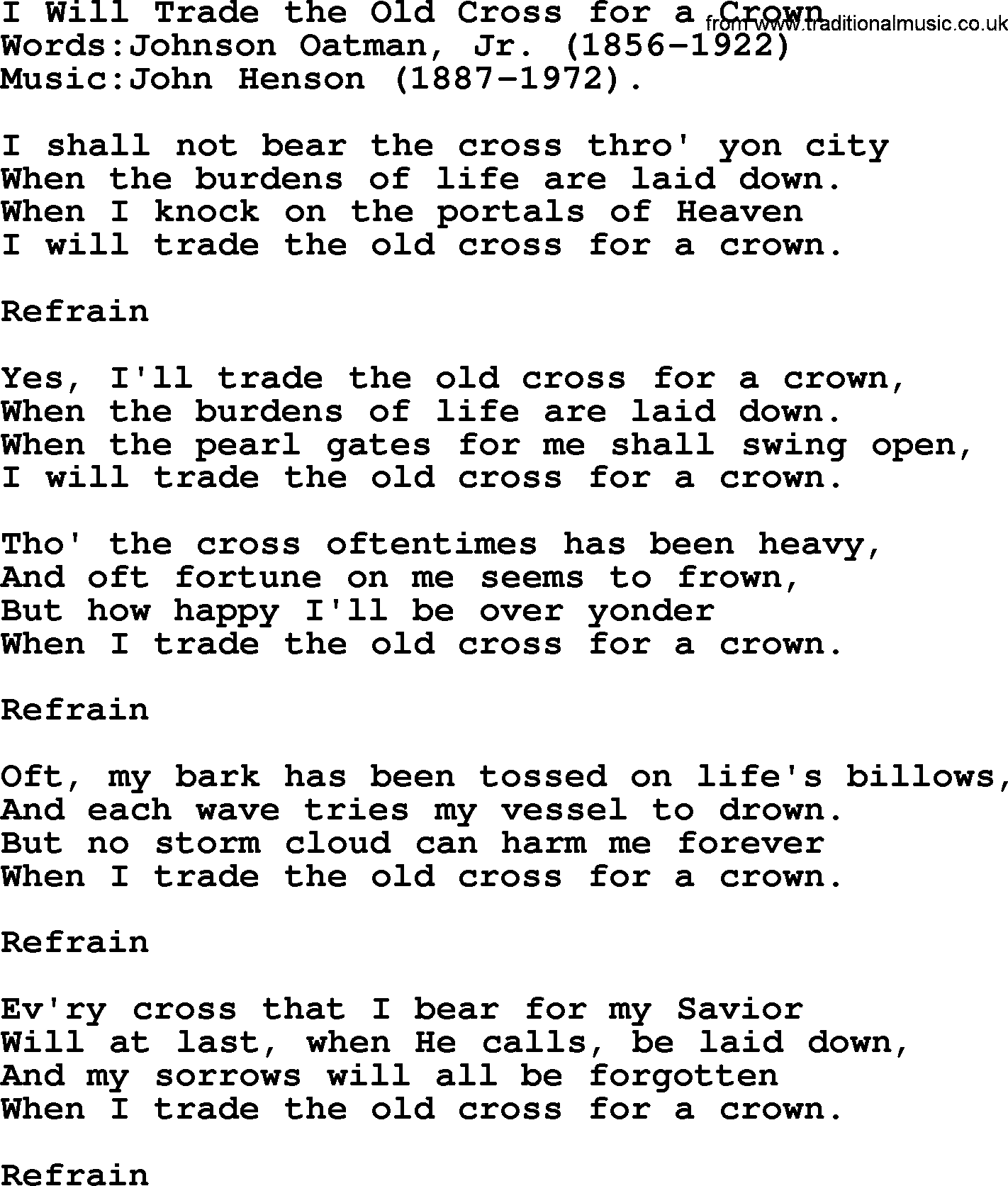 Songs and Hymns about Heaven: I Will Trade The Old Cross For A Crown lyrics with PDF