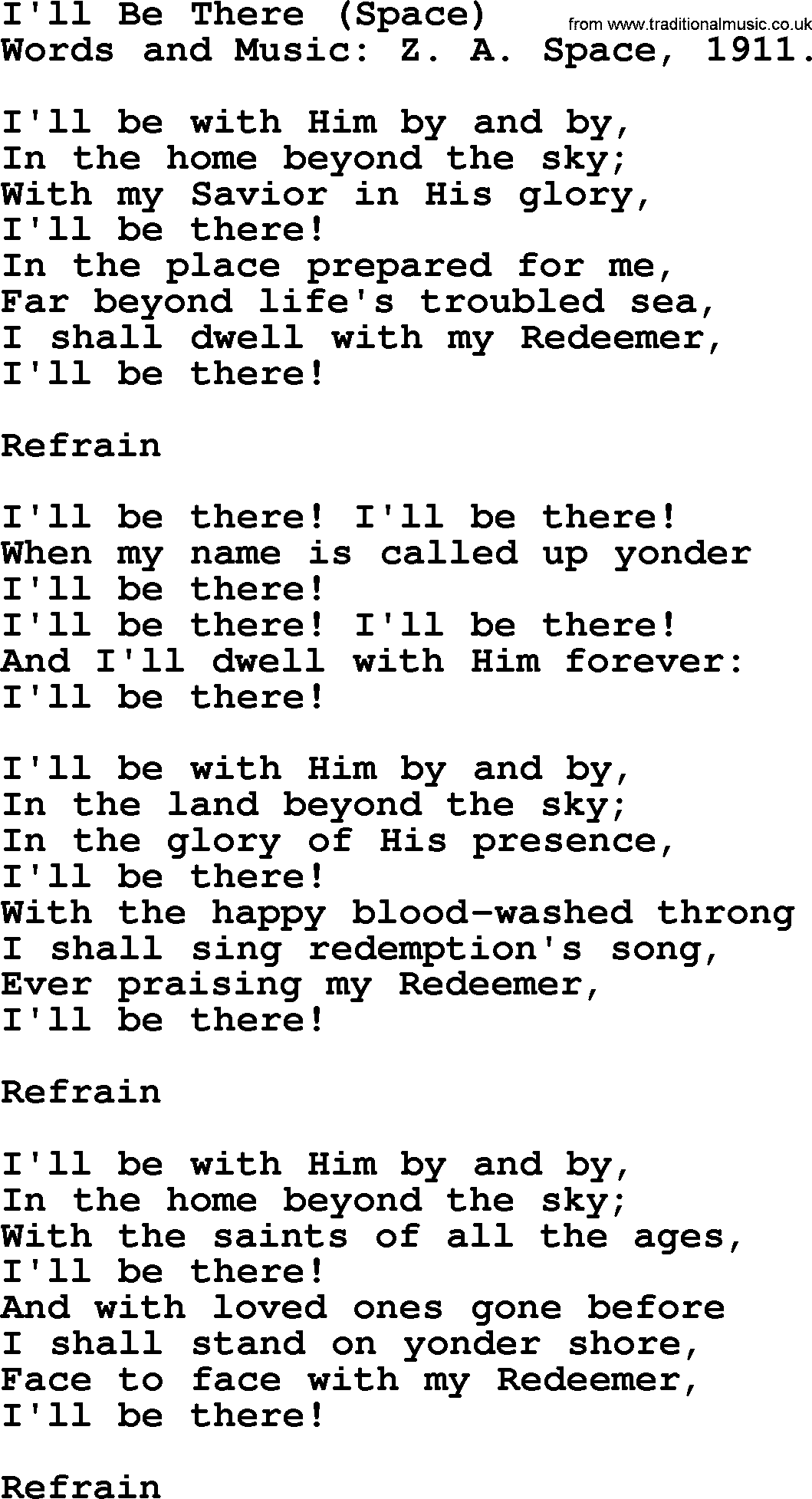 Songs and Hymns about Heaven: I'll Be There (space) lyrics with PDF