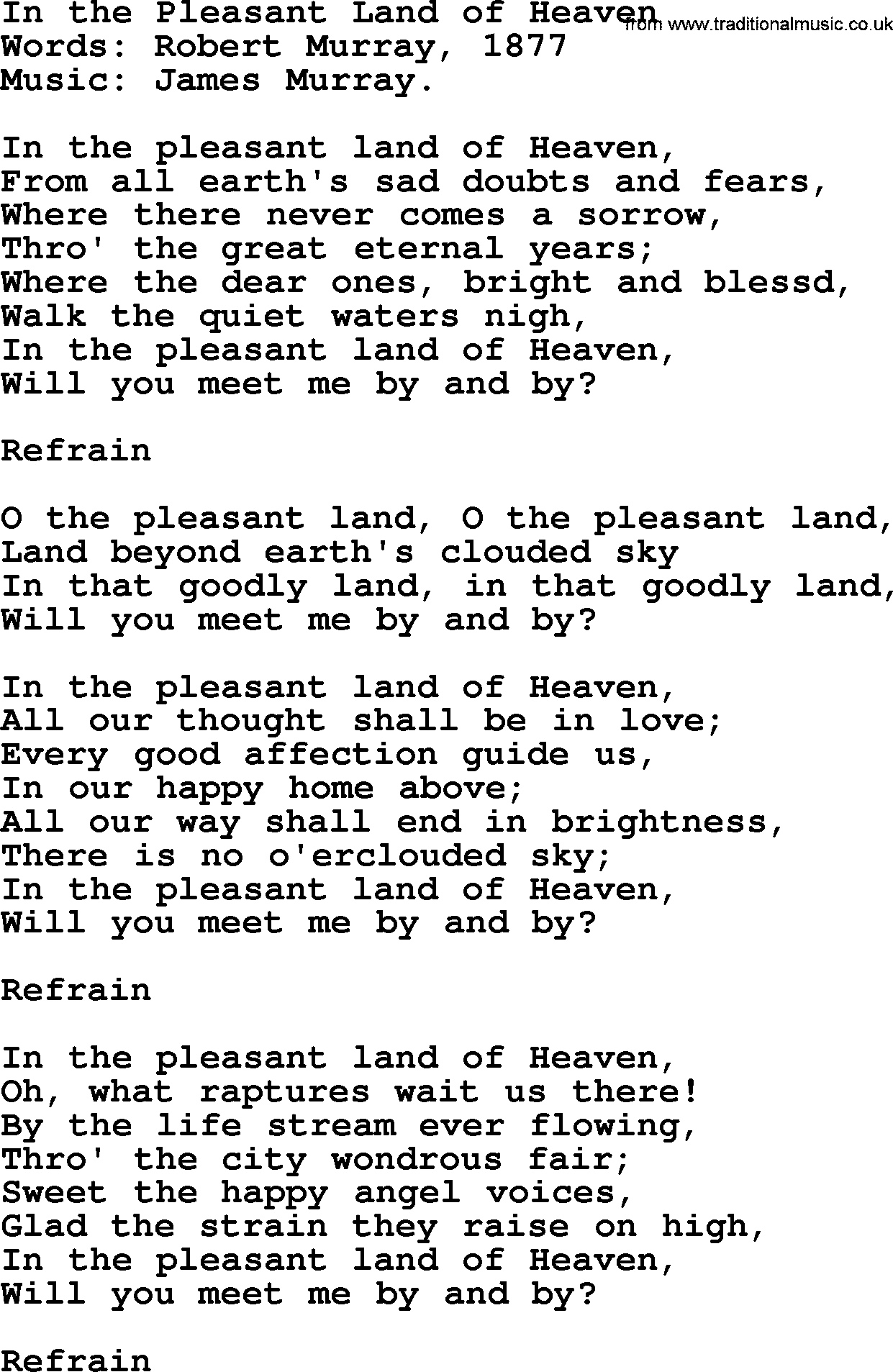 Songs and Hymns about Heaven: In The Pleasant Land Of Heaven lyrics with PDF