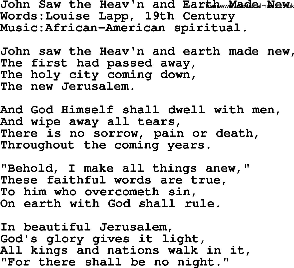 Songs and Hymns about Heaven: John Saw The Heav'n And Earth Made New lyrics with PDF