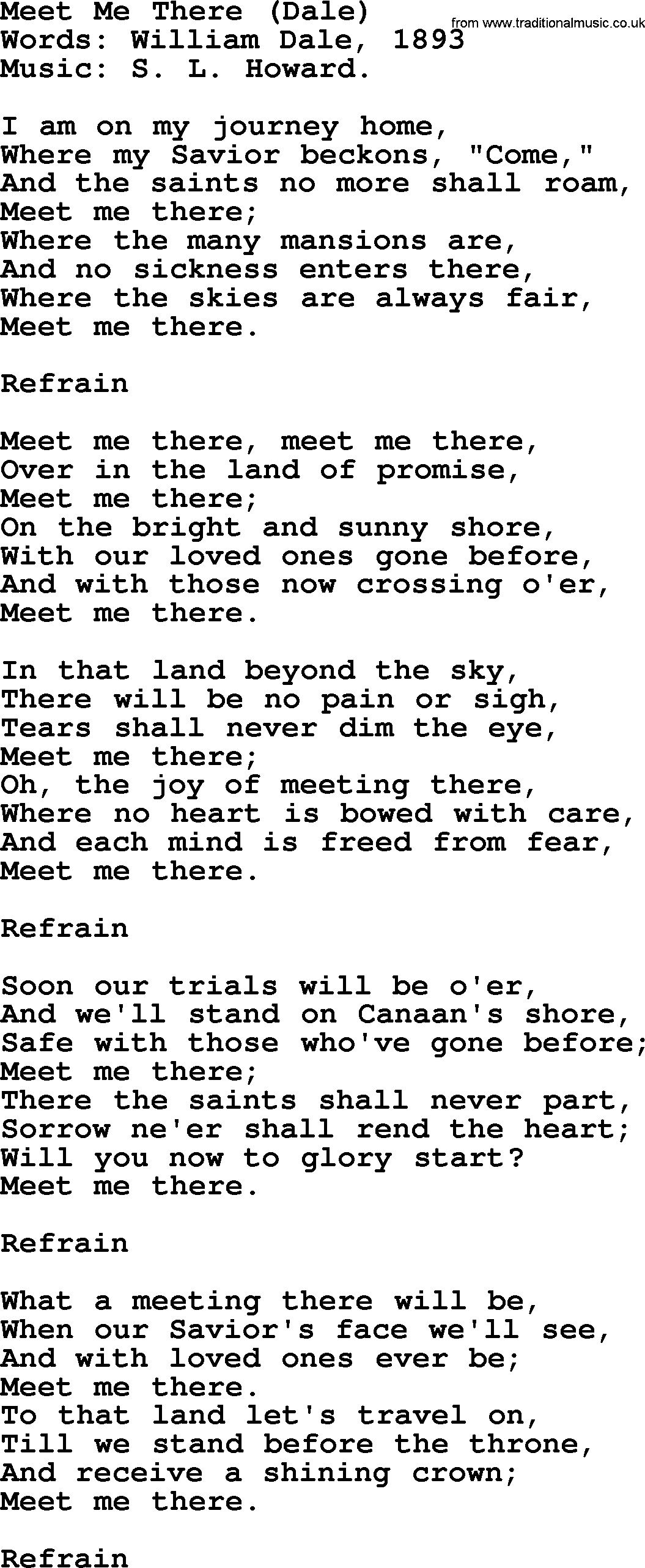 Songs and Hymns about Heaven: Meet Me There (dale) lyrics with PDF