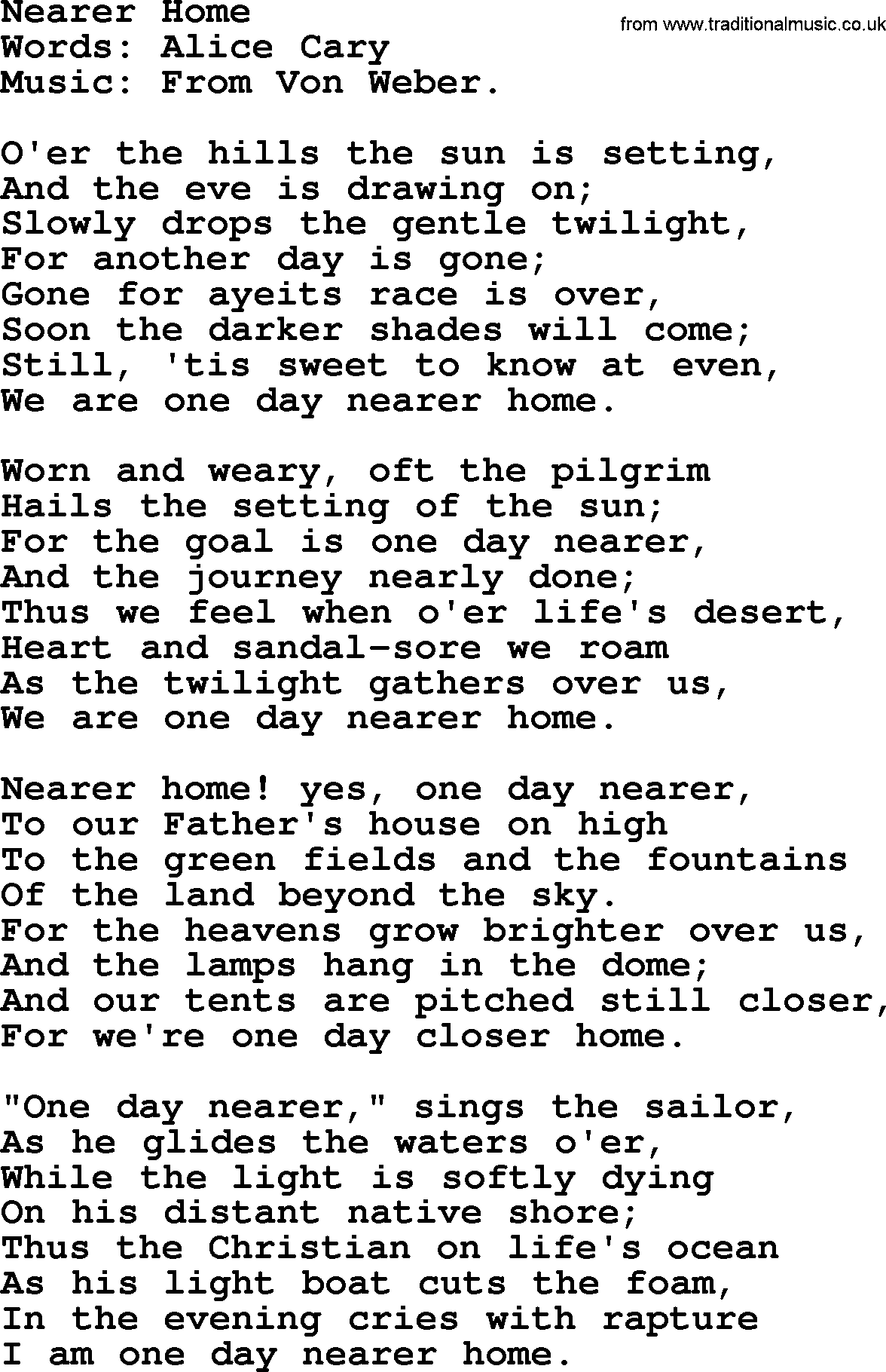 Songs and Hymns about Heaven: Nearer Home lyrics with PDF