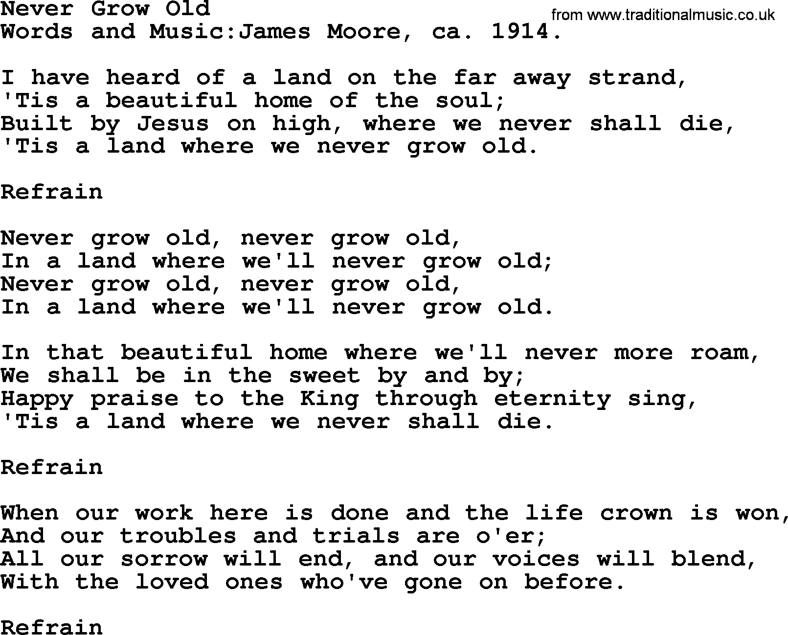 Songs and Hymns about Heaven: Never Grow Old lyrics with PDF