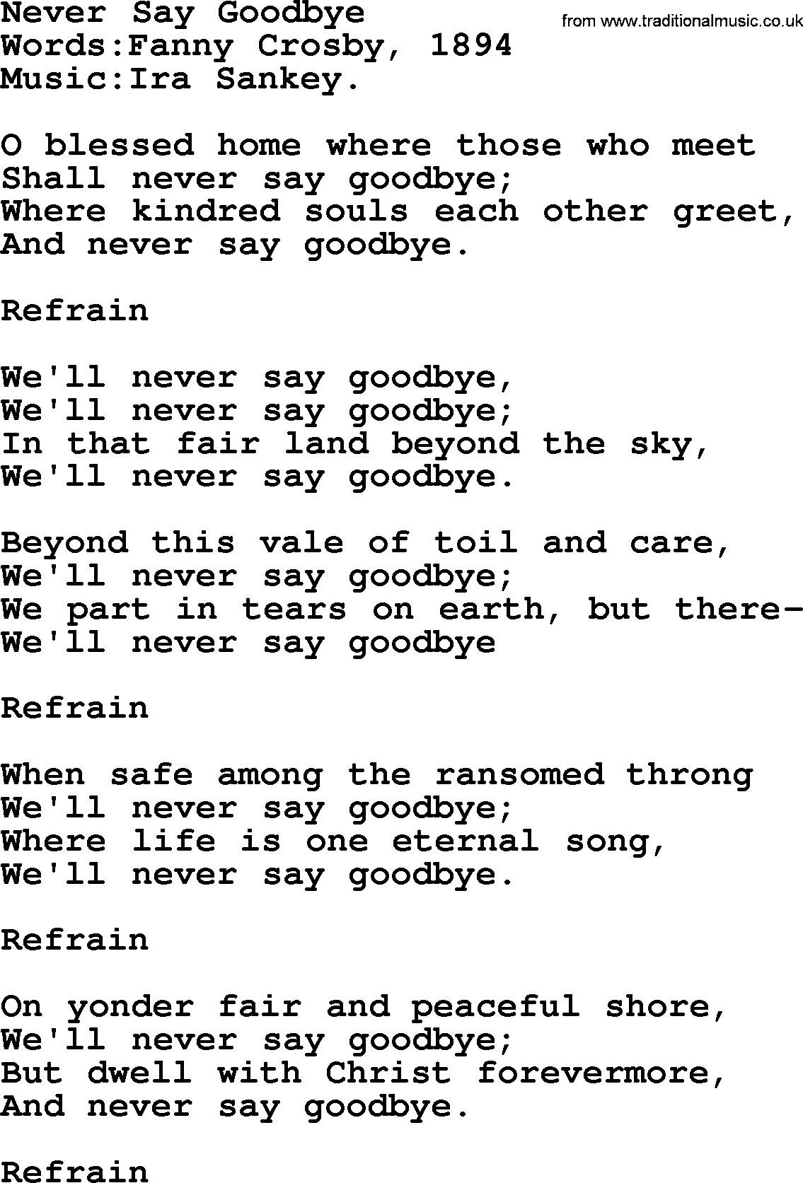 Songs and Hymns about Heaven: Never Say Goodbye lyrics with PDF