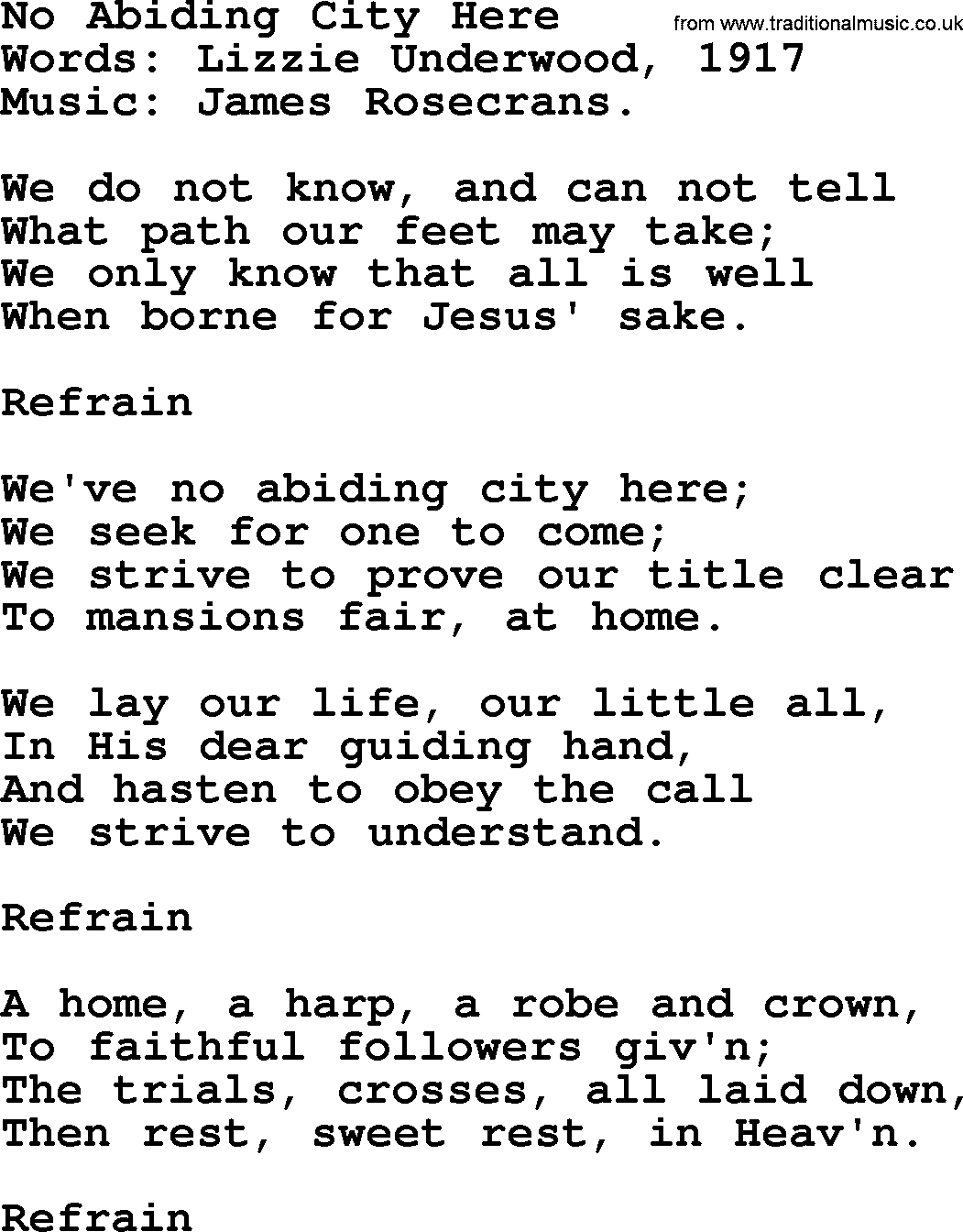 Songs and Hymns about Heaven: No Abiding City Here lyrics with PDF