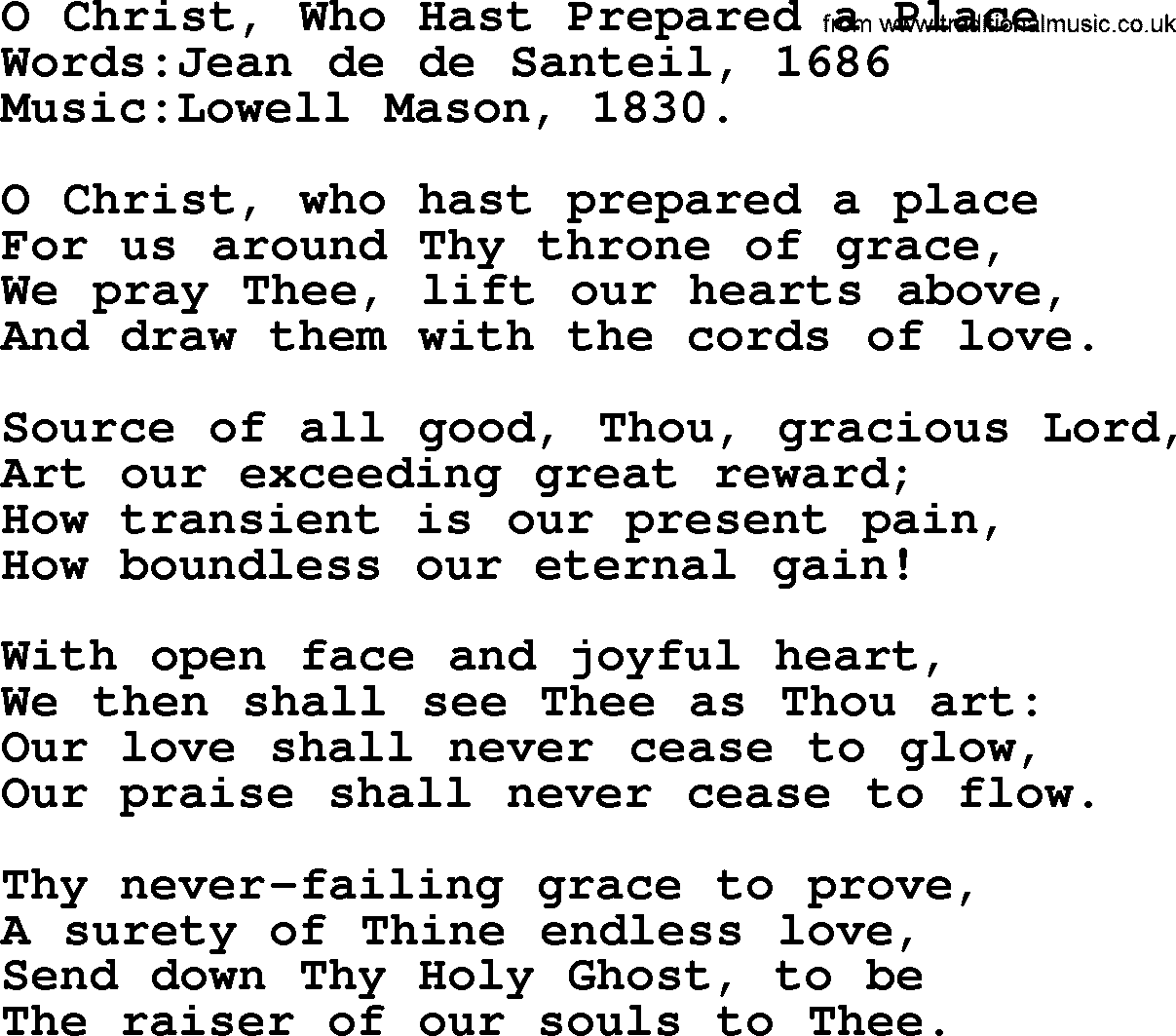 Songs and Hymns about Heaven: O Christ, Who Hast Prepared A Place lyrics with PDF