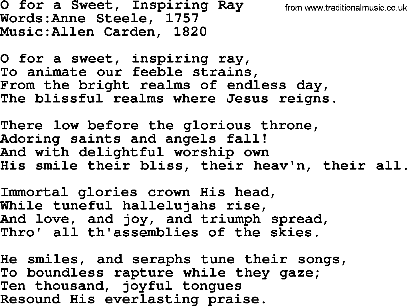 Songs and Hymns about Heaven: O For A Sweet, Inspiring Ray lyrics with PDF