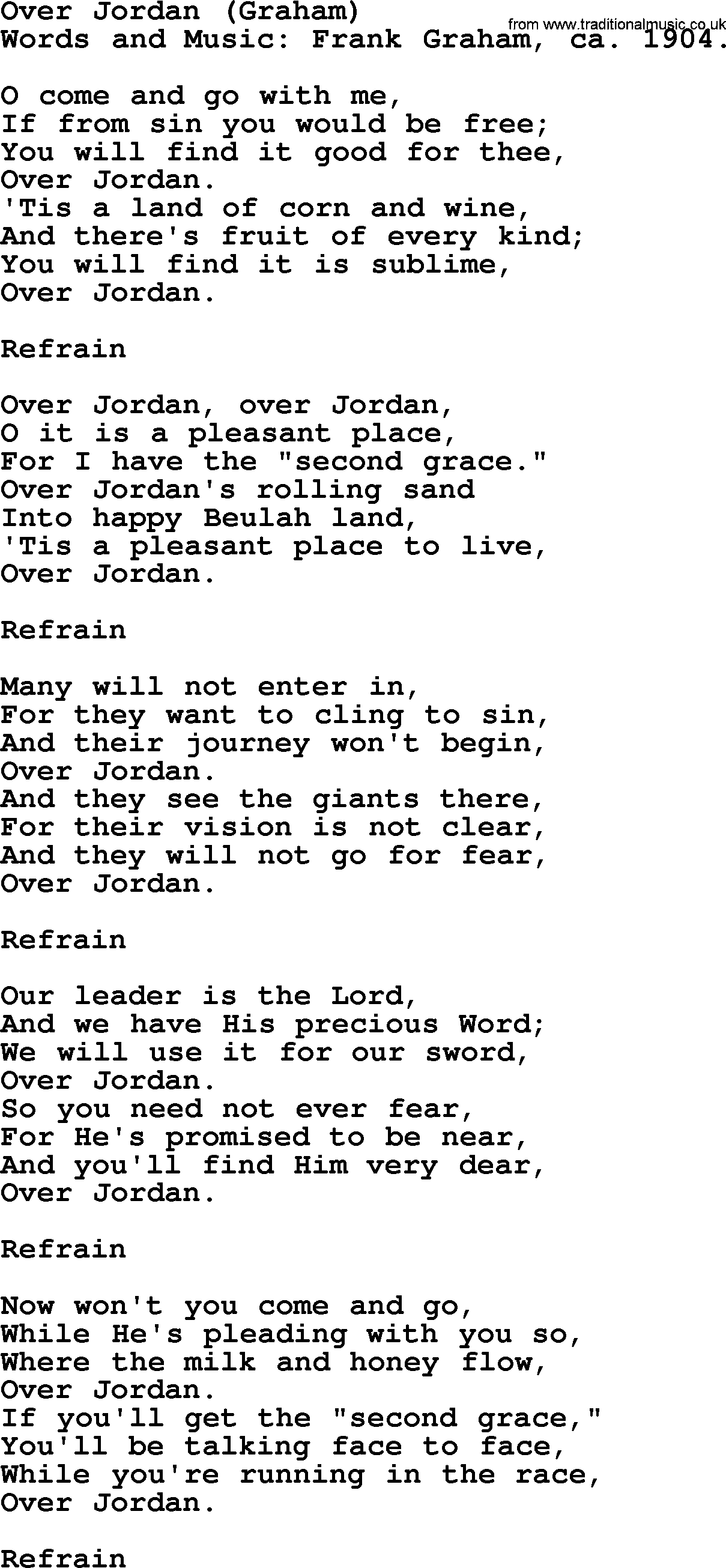 Songs and Hymns about Heaven: Over Jordan (graham) lyrics with PDF