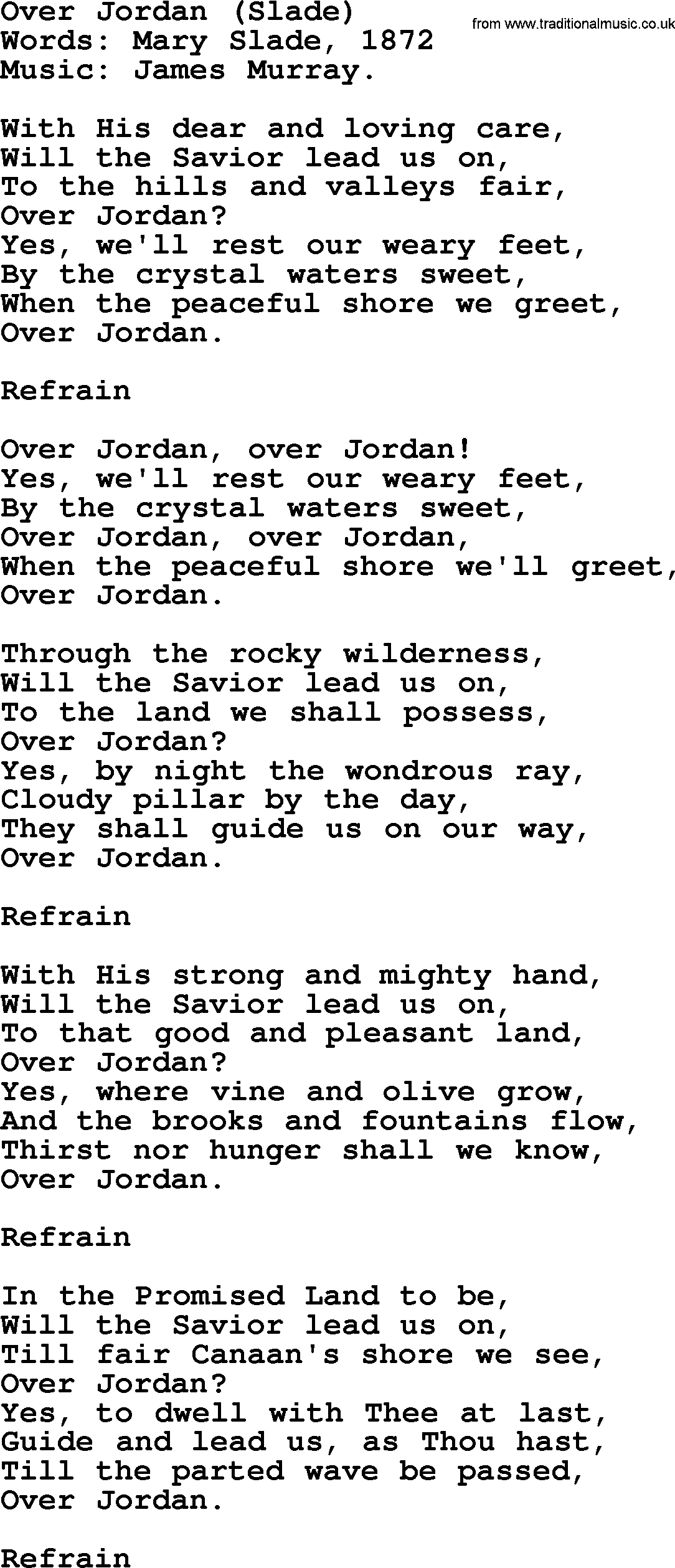Songs and Hymns about Heaven: Over Jordan (slade) lyrics with PDF