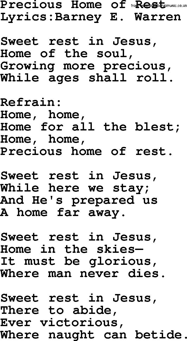 Songs and Hymns about Heaven: Precious Home Of Rest lyrics with PDF