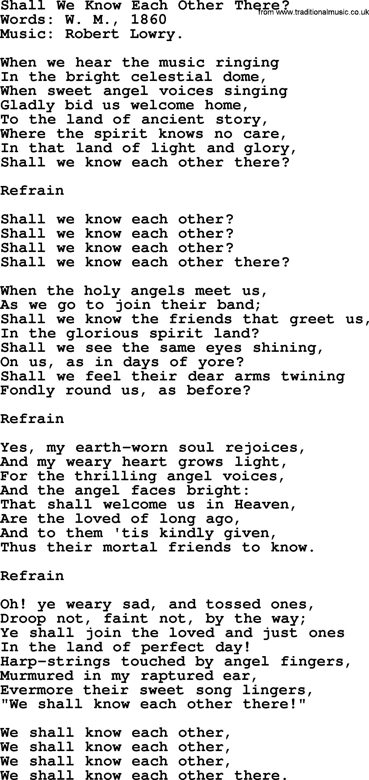 Songs and Hymns about Heaven: Shall We Know Each Other There lyrics with PDF