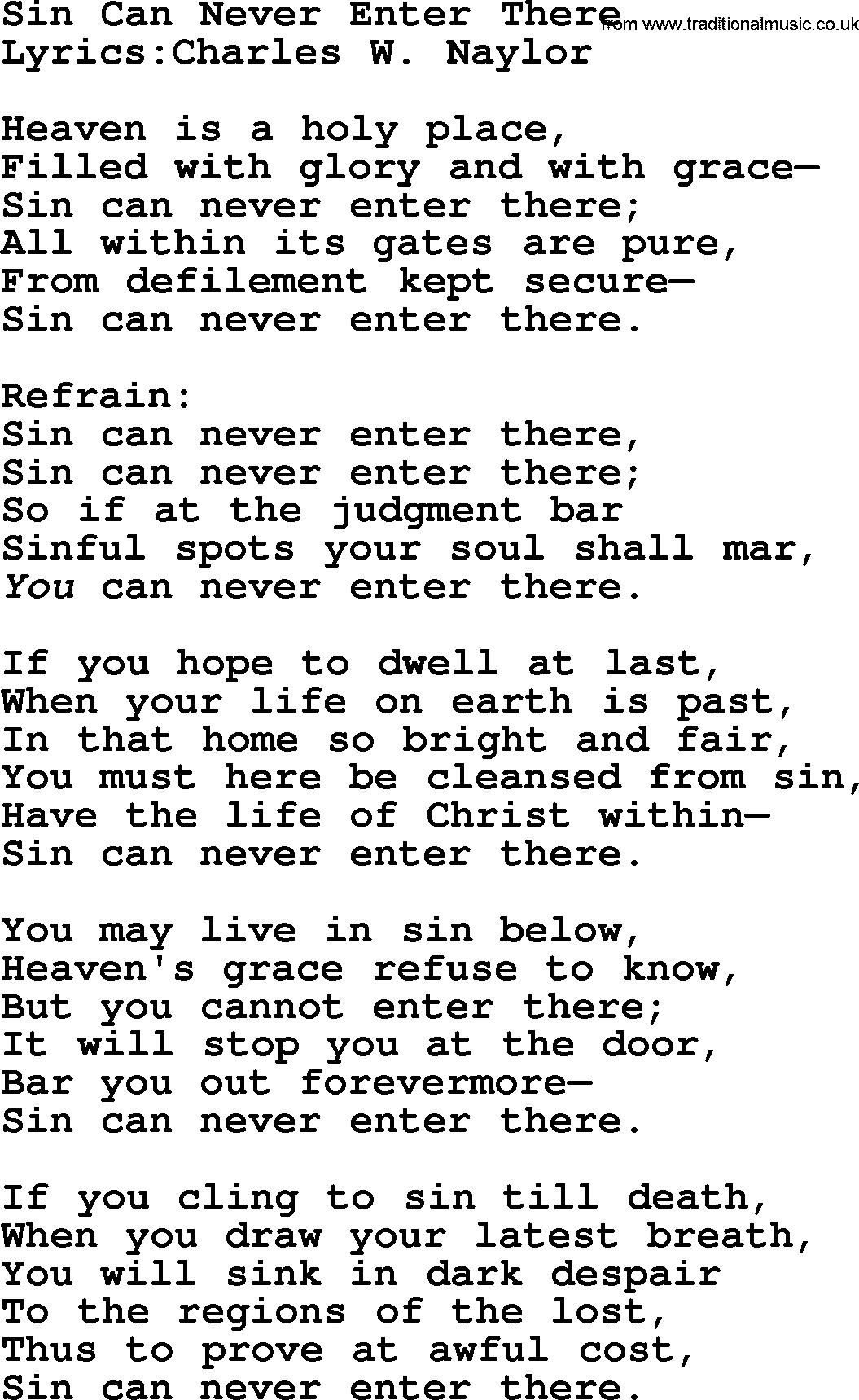 Songs and Hymns about Heaven: Sin Can Never Enter There lyrics with PDF