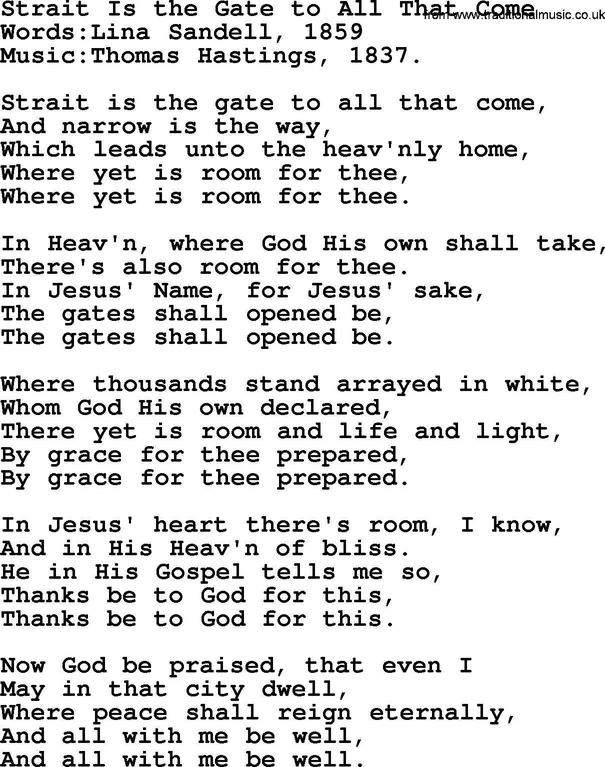 Songs and Hymns about Heaven: Strait Is The Gate To All That Come lyrics with PDF