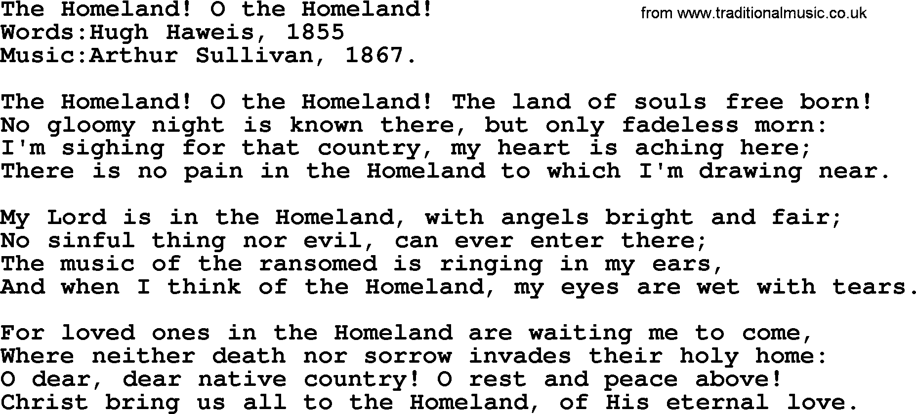 Songs and Hymns about Heaven: The Homeland! O The Homeland! lyrics with PDF