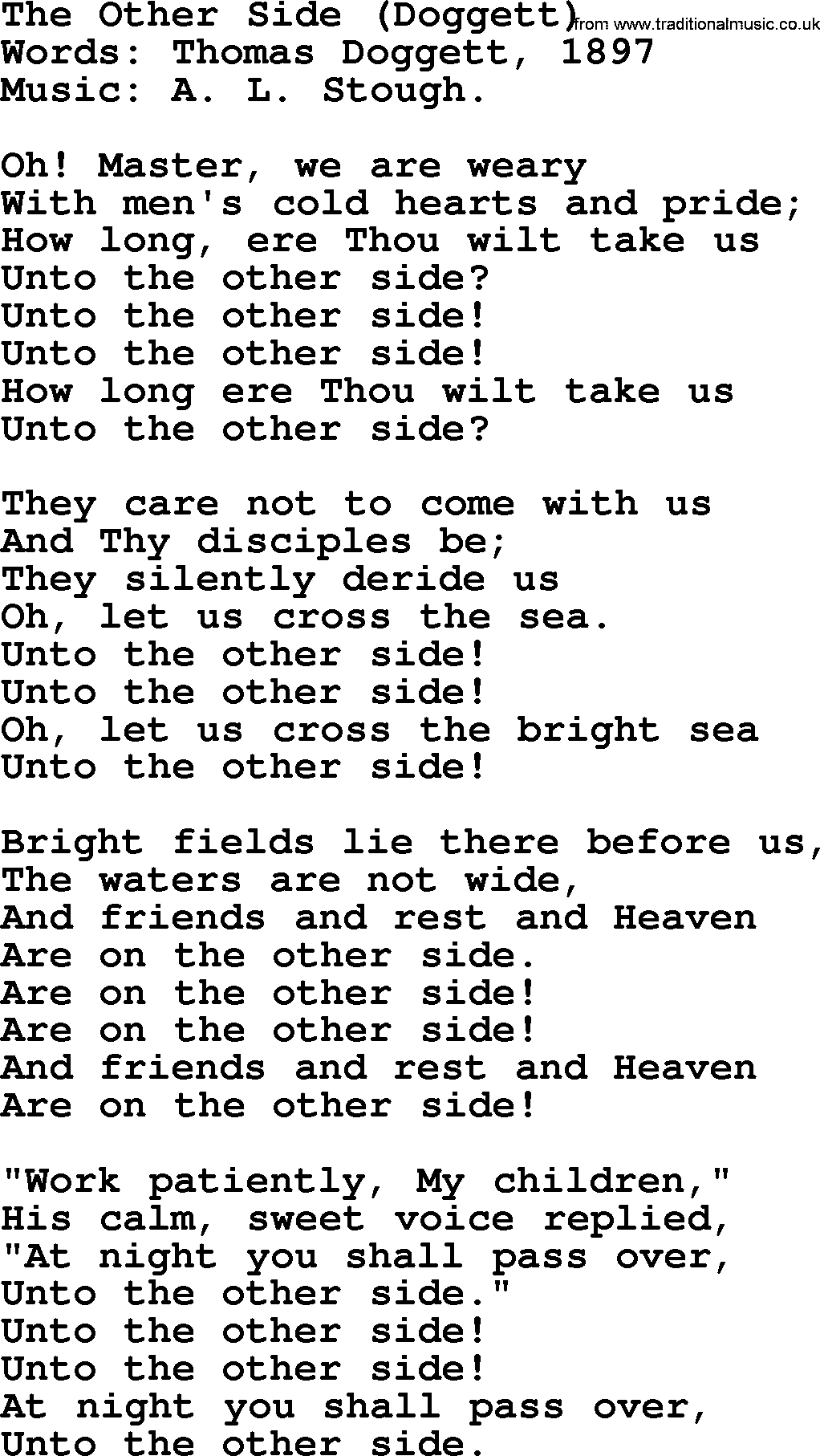 Songs and Hymns about Heaven: The Other Side (doggett) lyrics with PDF