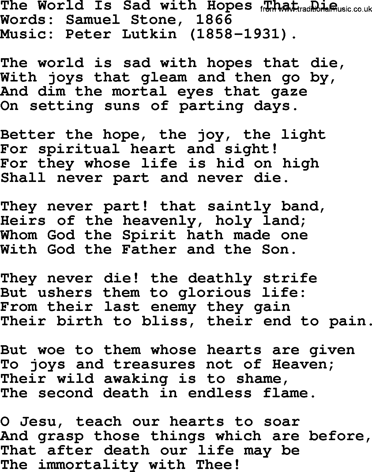 Songs and Hymns about Heaven: The World Is Sad With Hopes That Die lyrics with PDF