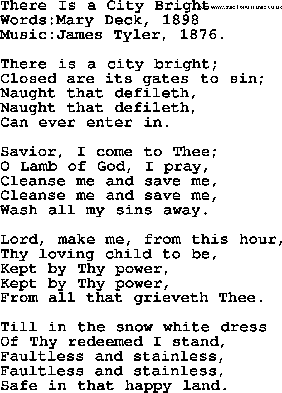 Songs and Hymns about Heaven: There Is A City Bright lyrics with PDF