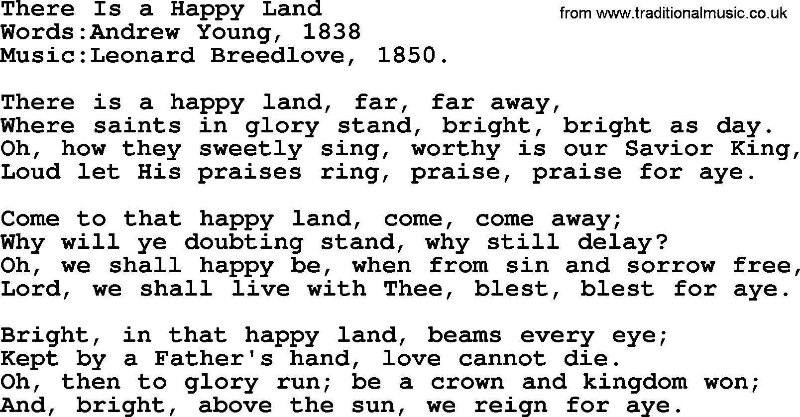 Songs and Hymns about Heaven: There Is A Happy Land lyrics with PDF