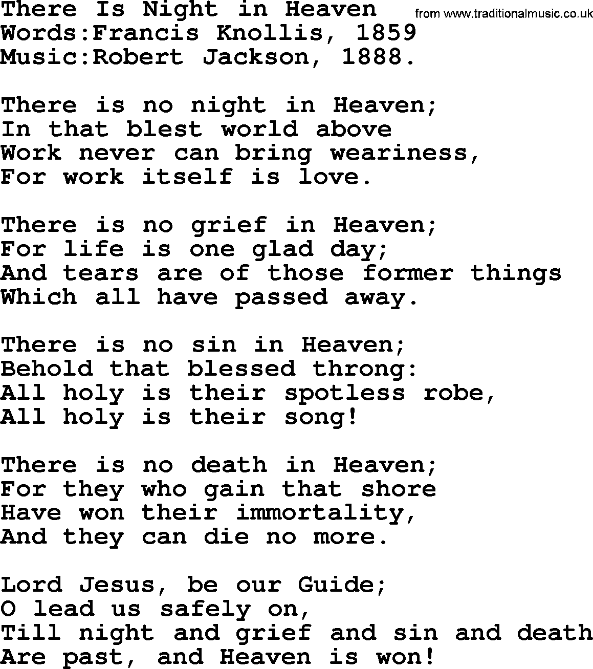 Songs and Hymns about Heaven: There Is Night In Heaven lyrics with PDF