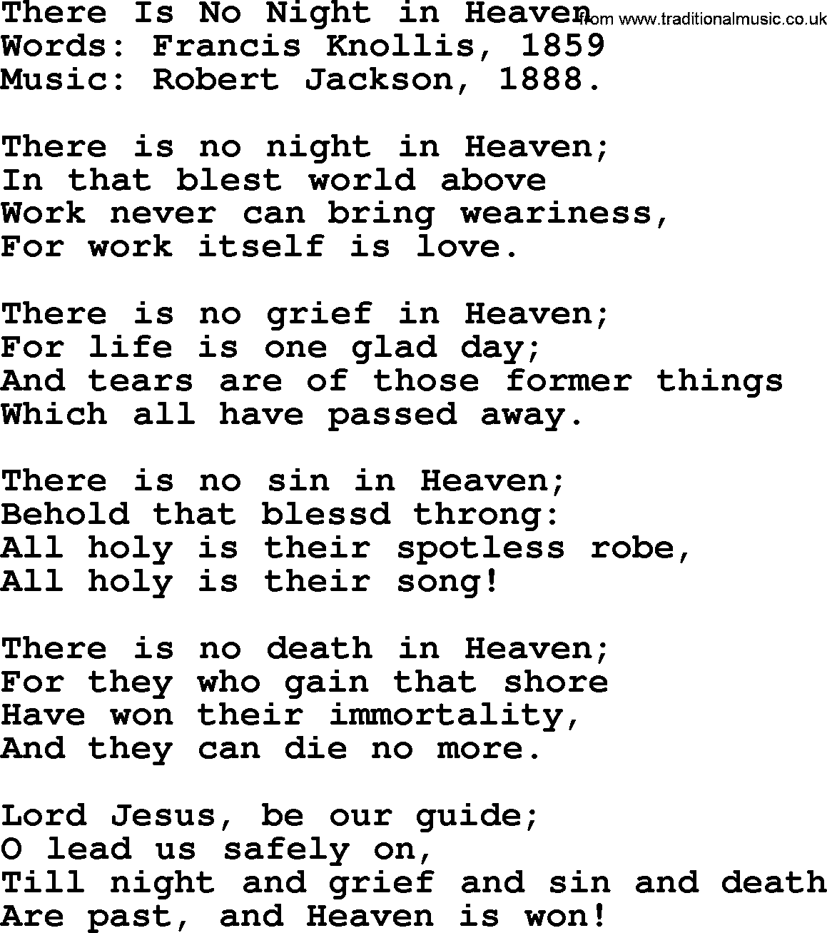 Songs and Hymns about Heaven: There Is No Night In Heaven lyrics with PDF