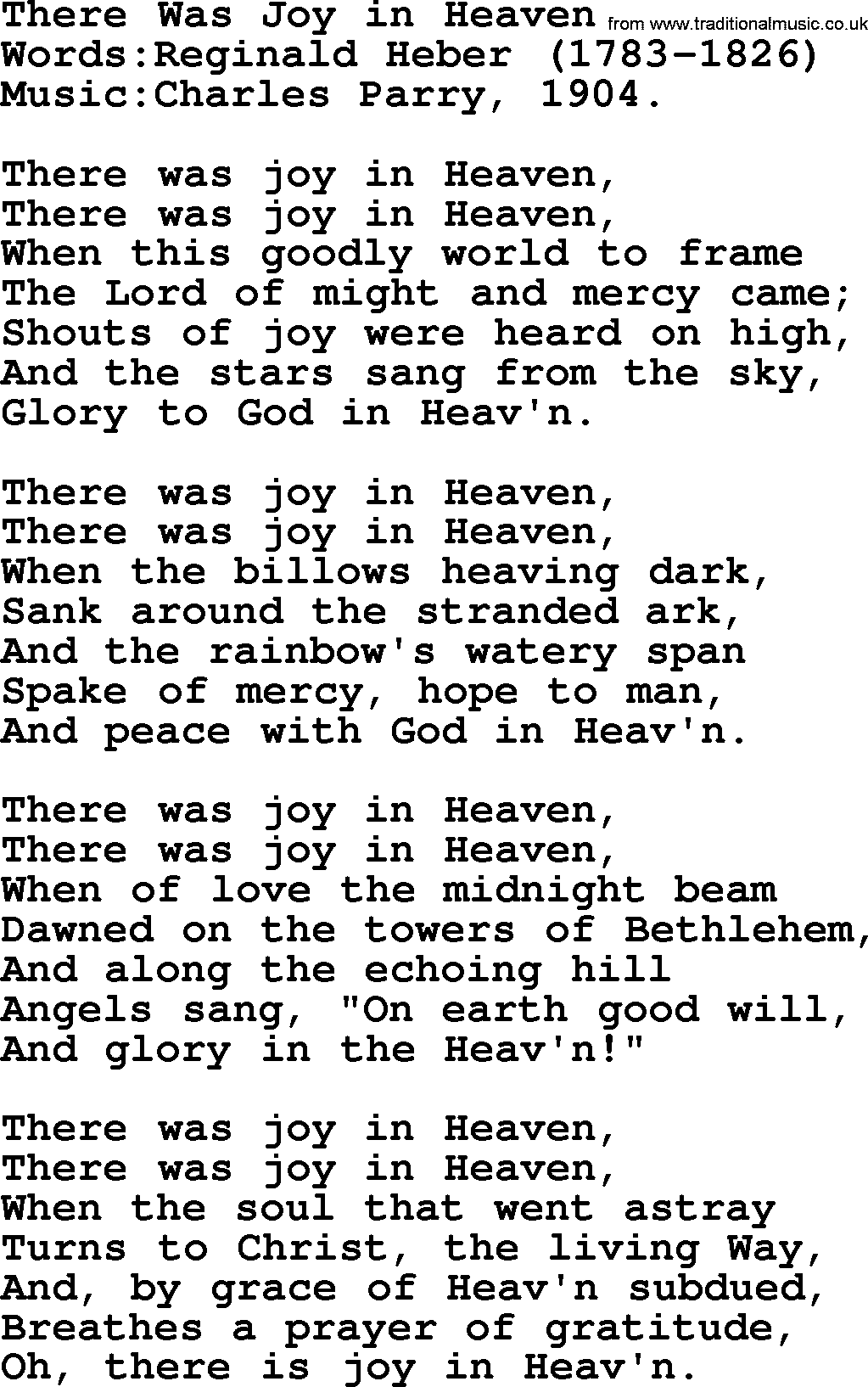 Songs and Hymns about Heaven: There Was Joy In Heaven lyrics with PDF