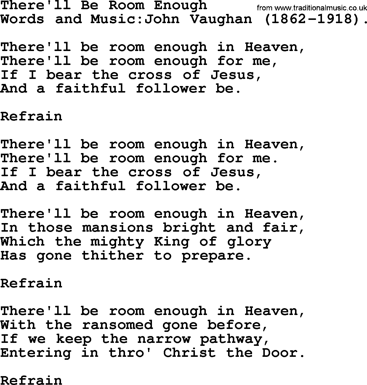 Songs and Hymns about Heaven: There'll Be Room Enough lyrics with PDF
